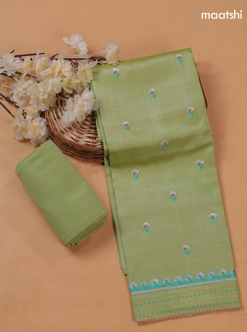 Pista Green and Light Blue Pure Tussar Dress Material With Floral Embroidery Work Buttas