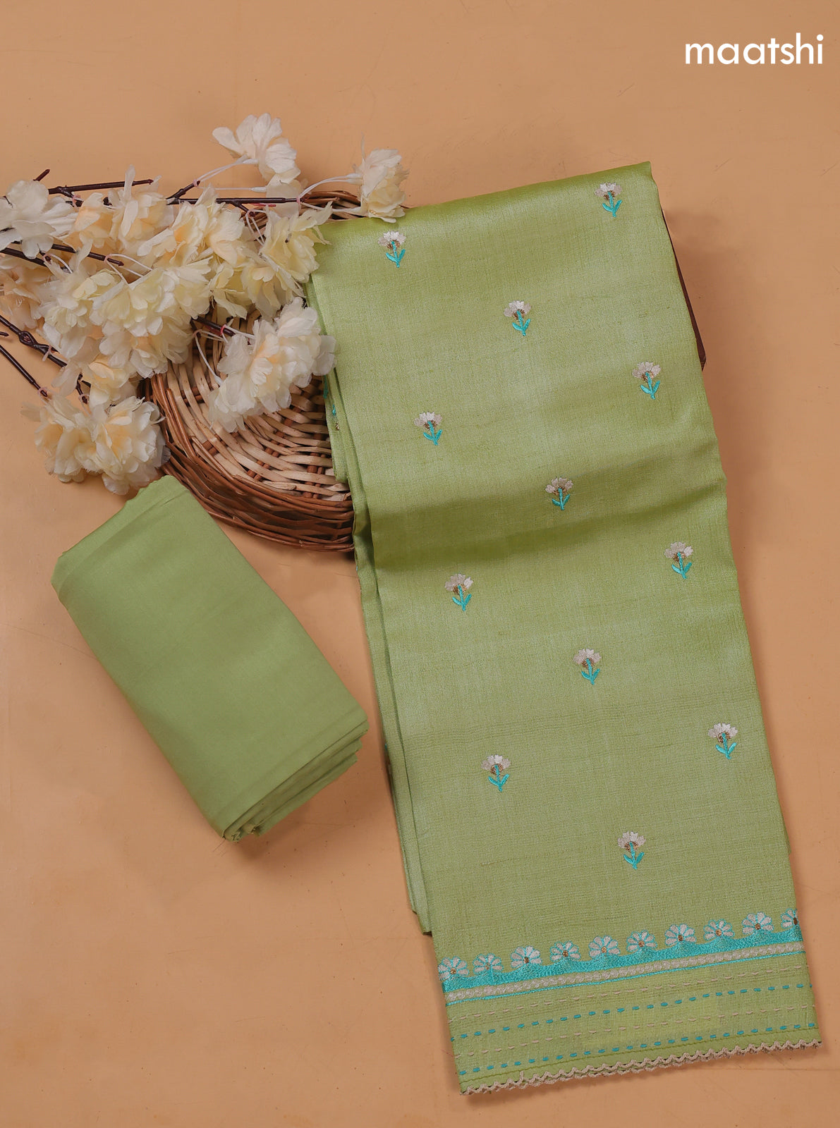 Pista Green and Light Blue Pure Tussar Dress Material With Floral Embroidery Work Buttas