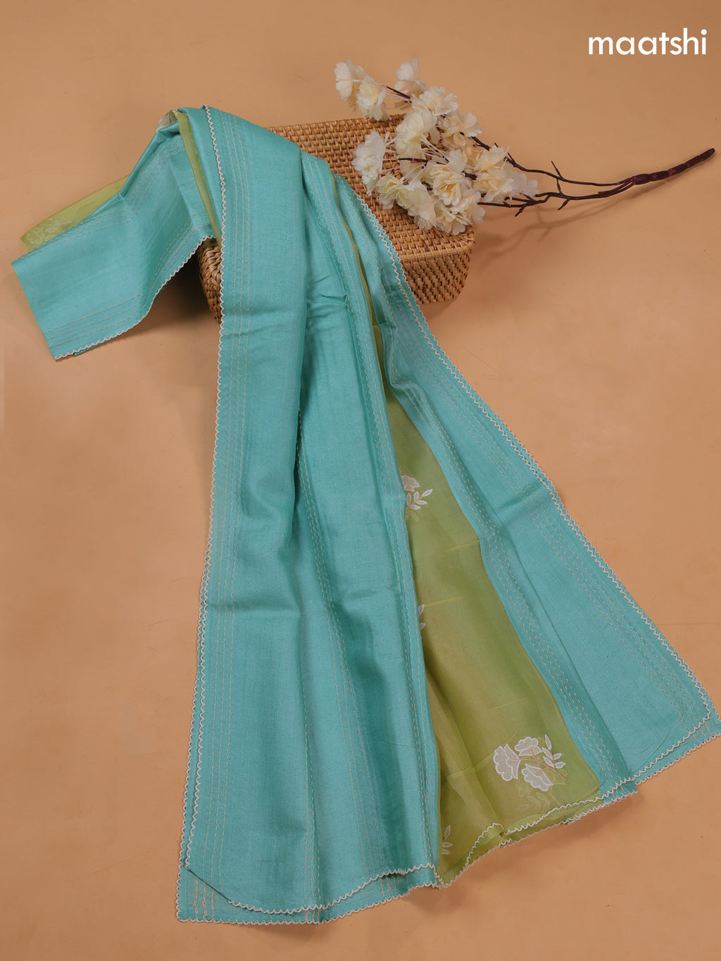 Pista Green and Light Blue Pure Tussar Dress Material With Floral Embroidery Work Buttas