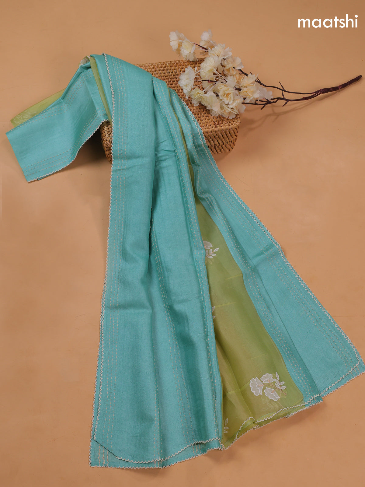 Pista Green and Light Blue Pure Tussar Dress Material With Floral Embroidery Work Buttas