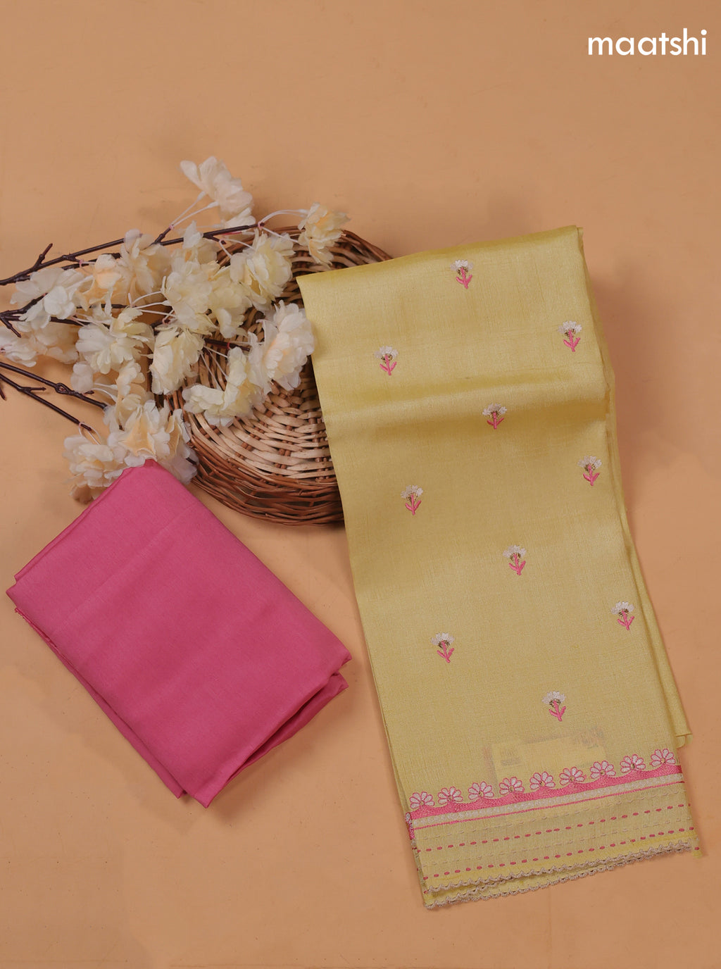 Pale Yellow and Lotus Pink Pure Tussar Dress Material With Floral Embroidery Work Buttas