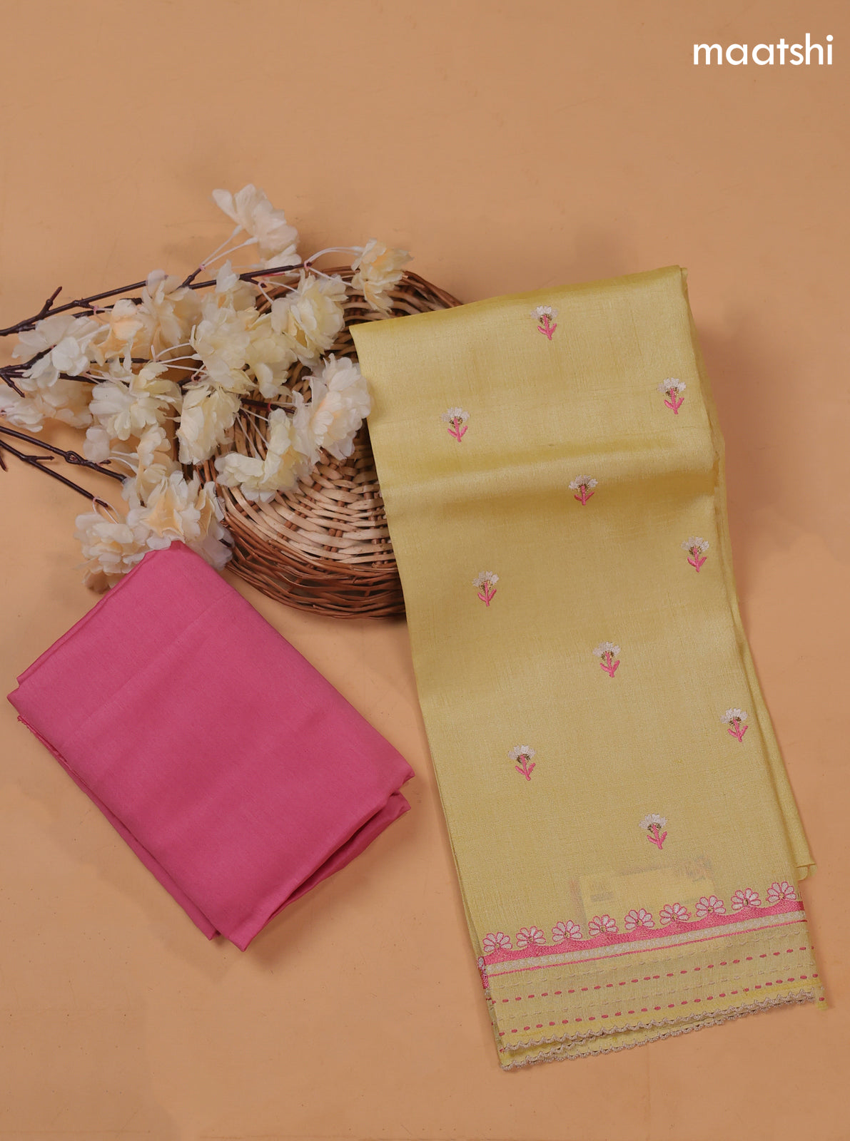 Pale Yellow and Lotus Pink Pure Tussar Dress Material With Floral Embroidery Work Buttas
