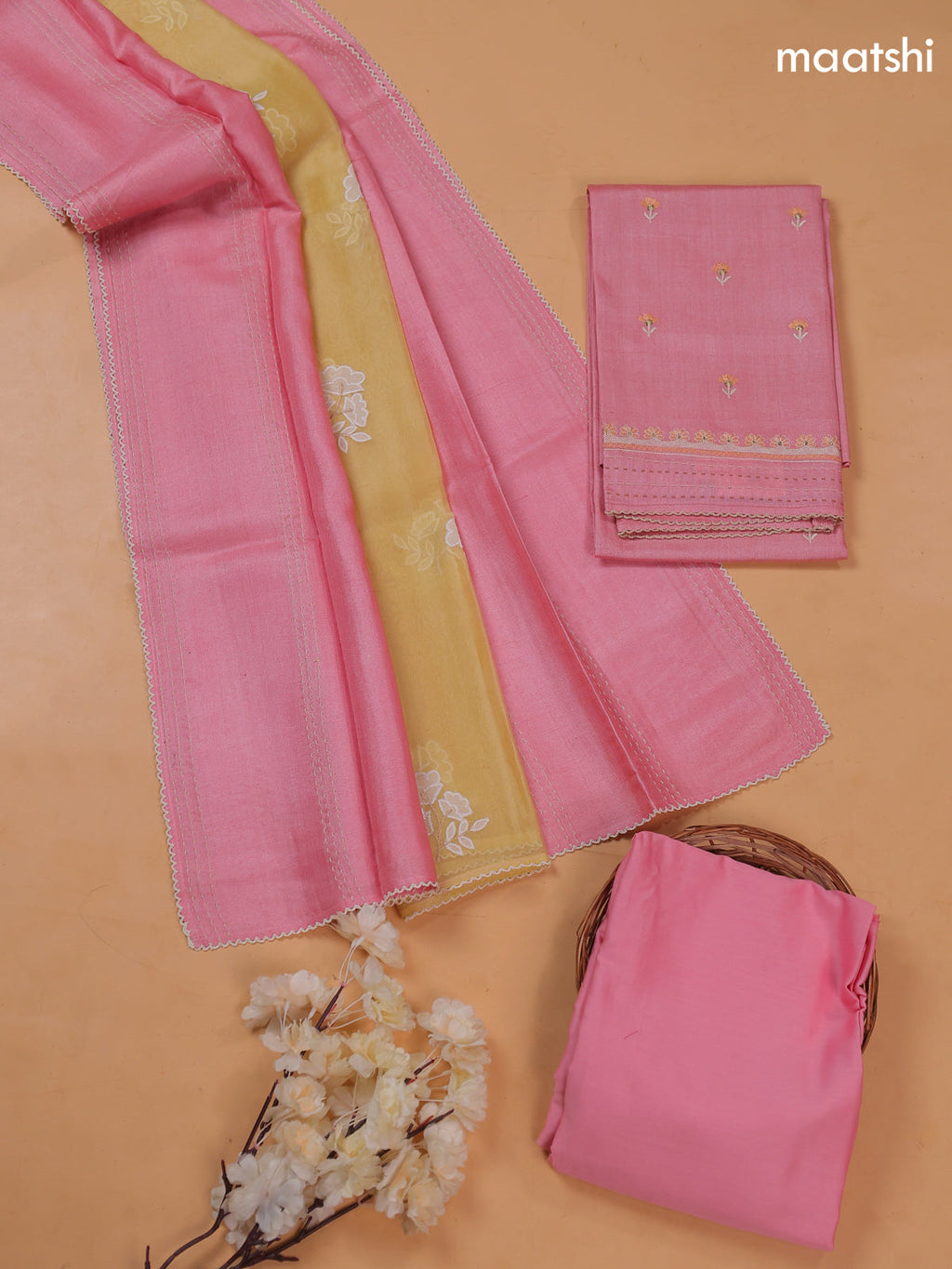 Lotus Pink and Pale Yellow Pure Tussar Dress Material With Floral Embroidery Work Buttas