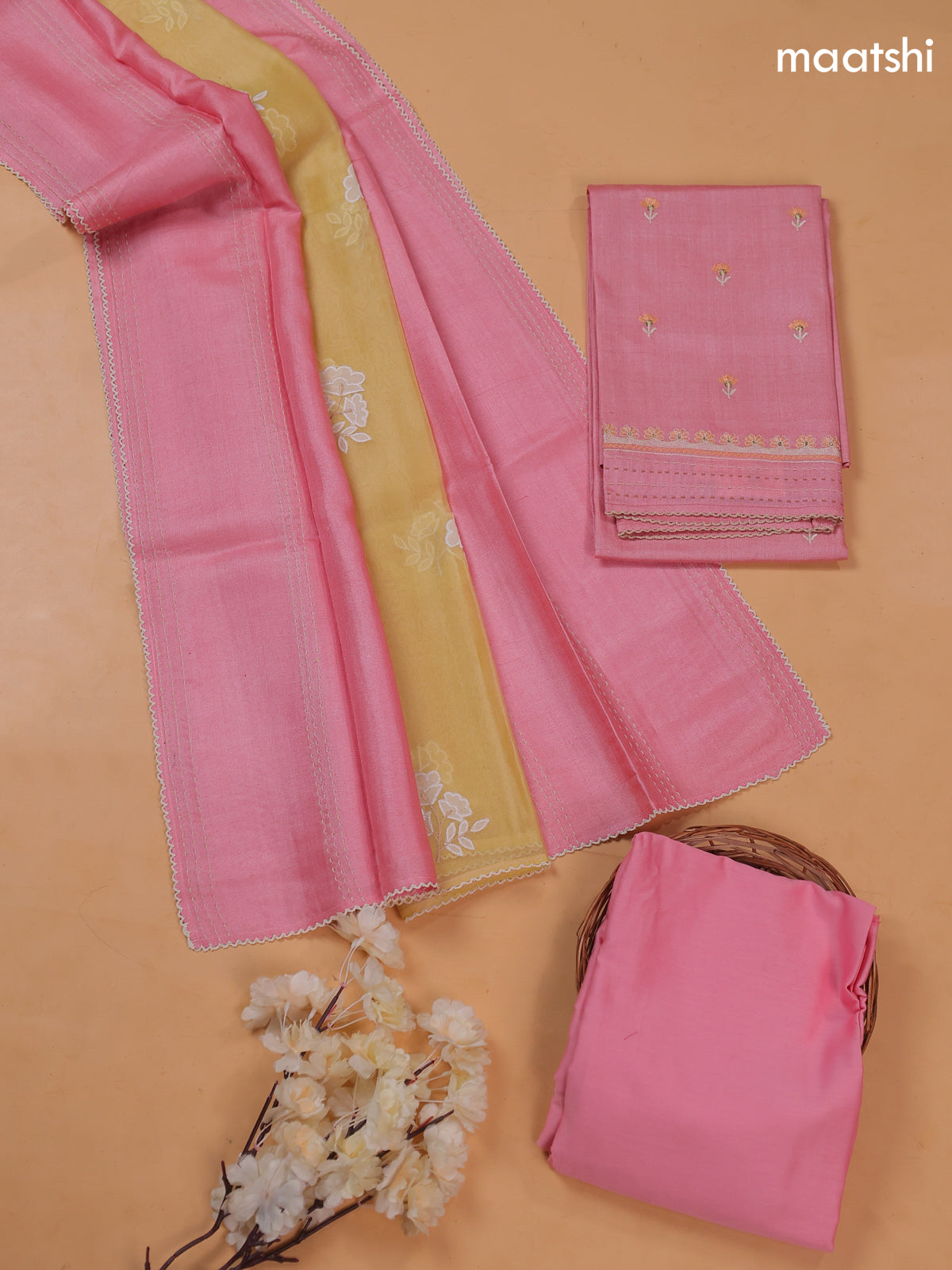 Lotus Pink and Pale Yellow Pure Tussar Dress Material With Floral Embroidery Work Buttas