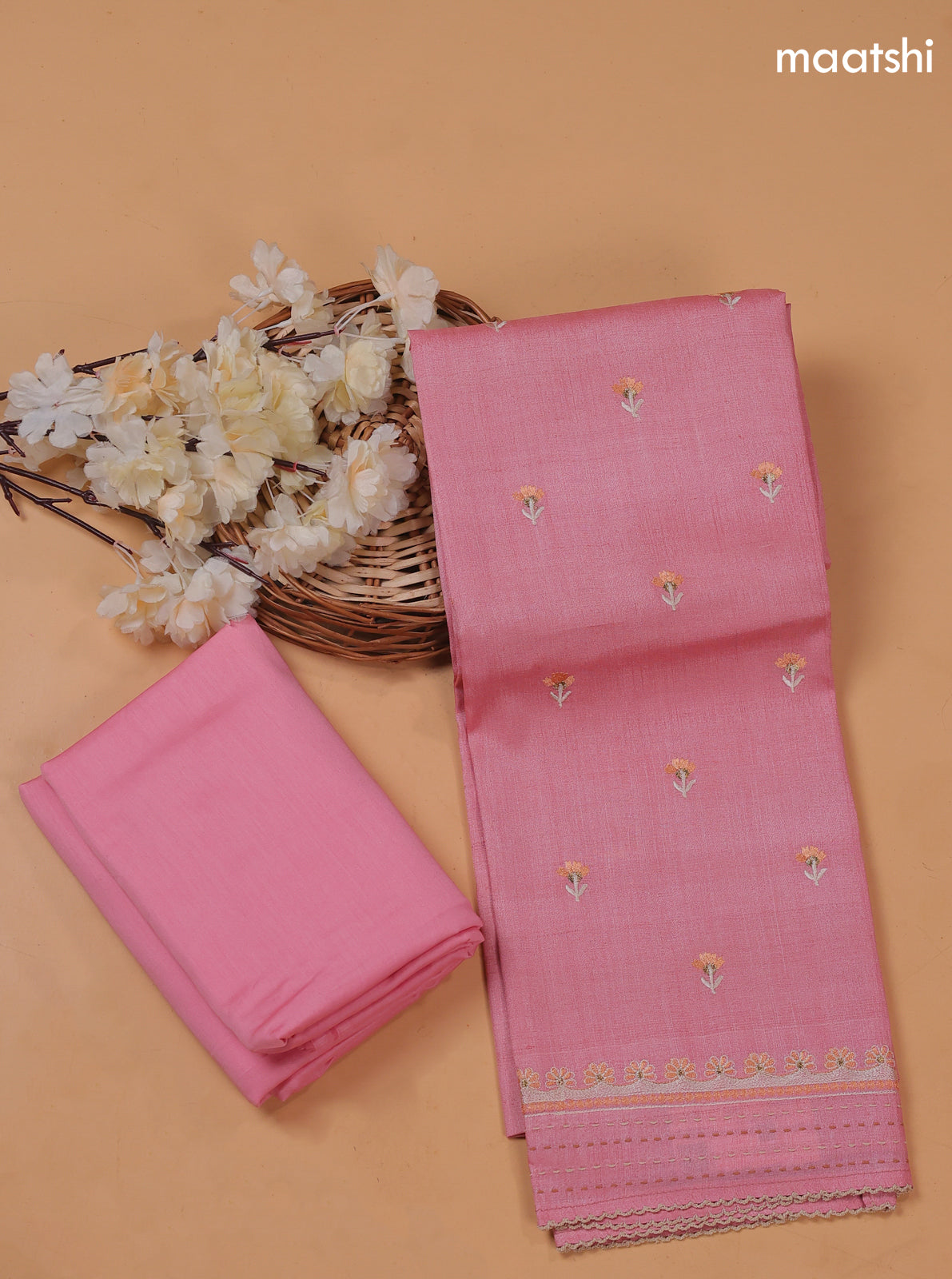 Lotus Pink and Pale Yellow Pure Tussar Dress Material With Floral Embroidery Work Buttas