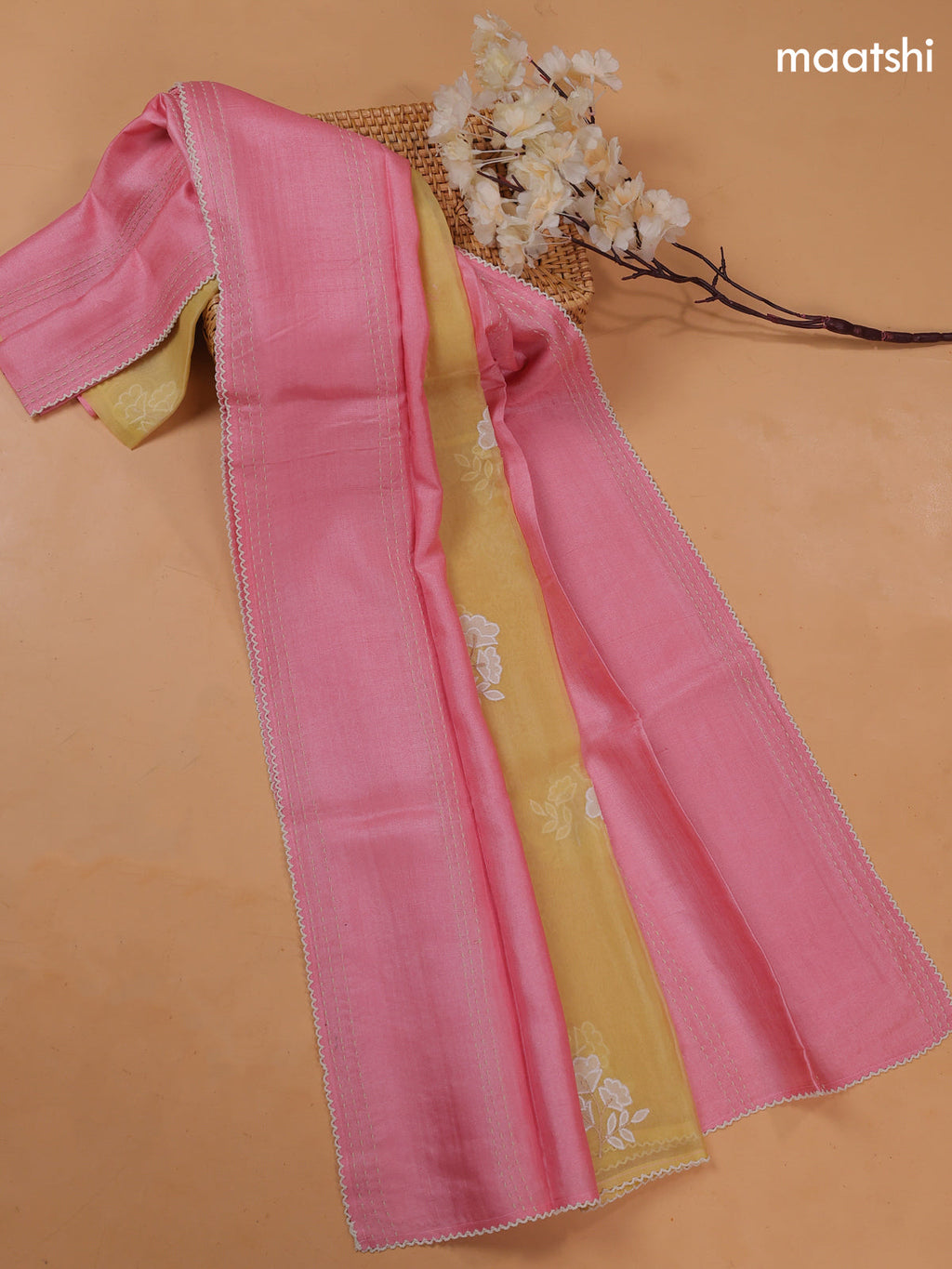 Lotus Pink and Pale Yellow Pure Tussar Dress Material With Floral Embroidery Work Buttas