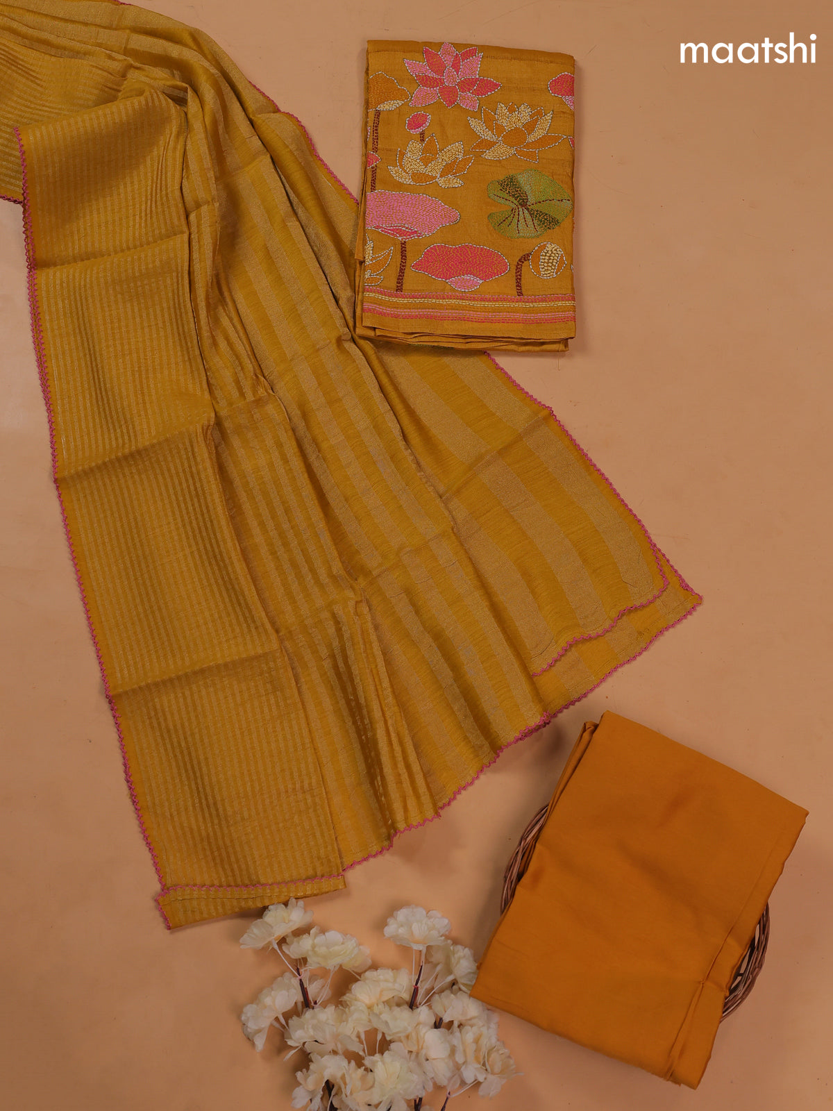 Mustard Yellow Pure Tussar Dress Material With Floral Embroidery Work Buttas
