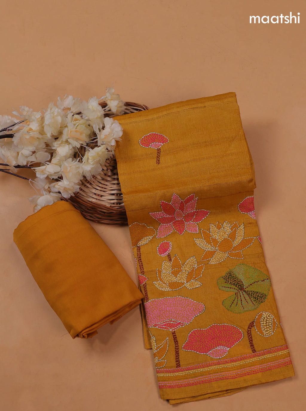 Mustard Yellow Pure Tussar Dress Material With Floral Embroidery Work Buttas