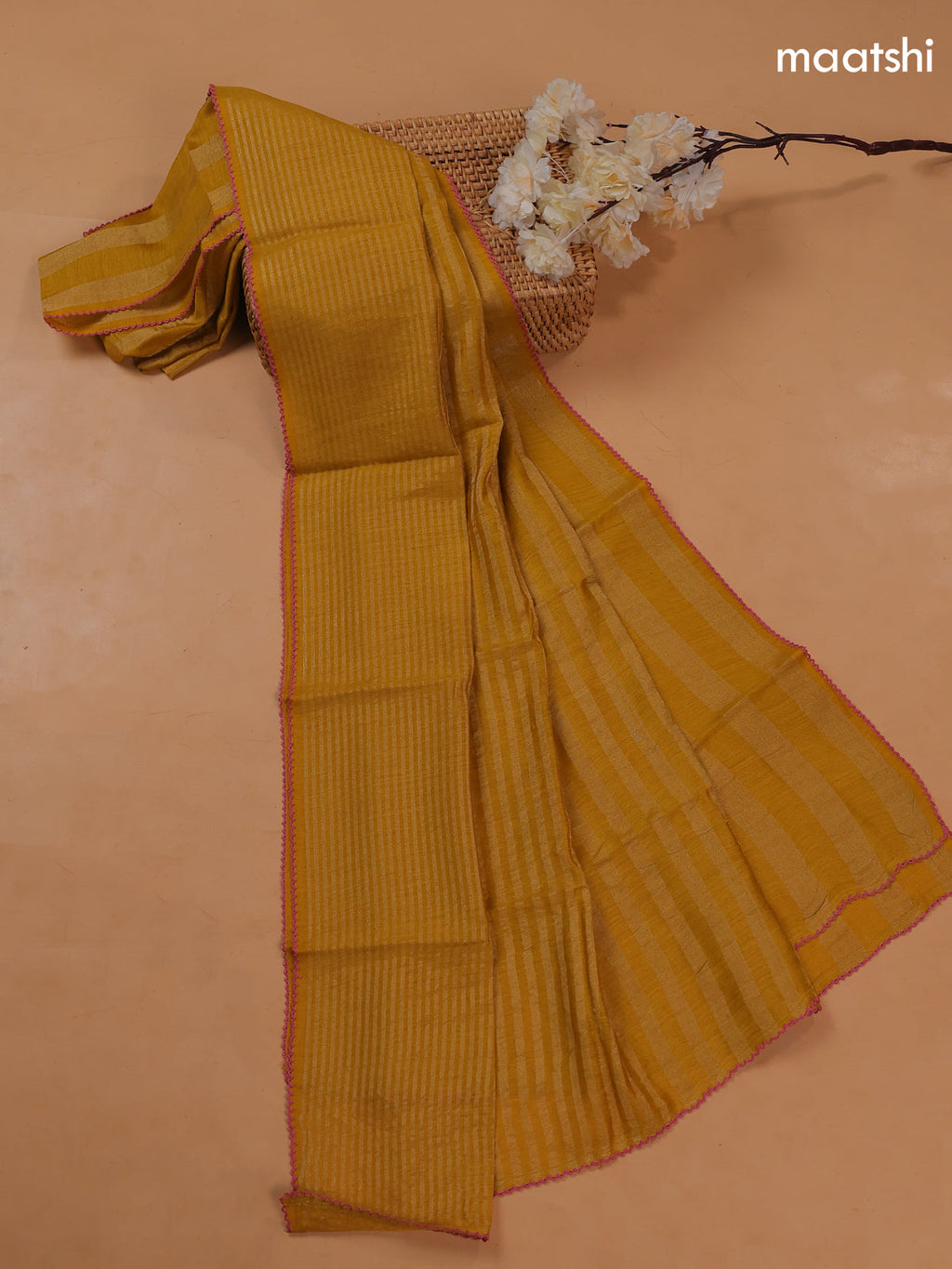 Mustard Yellow Pure Tussar Dress Material With Floral Embroidery Work Buttas
