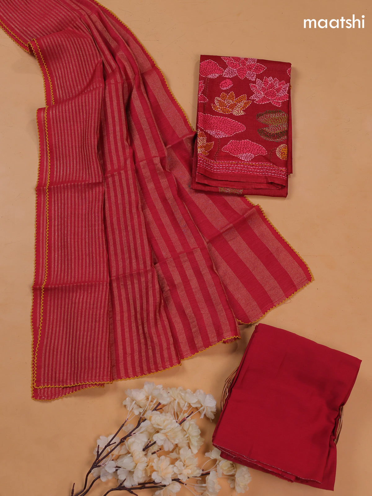 Red Pure Tussar Dress Material With Floral Embroidery Work Buttas