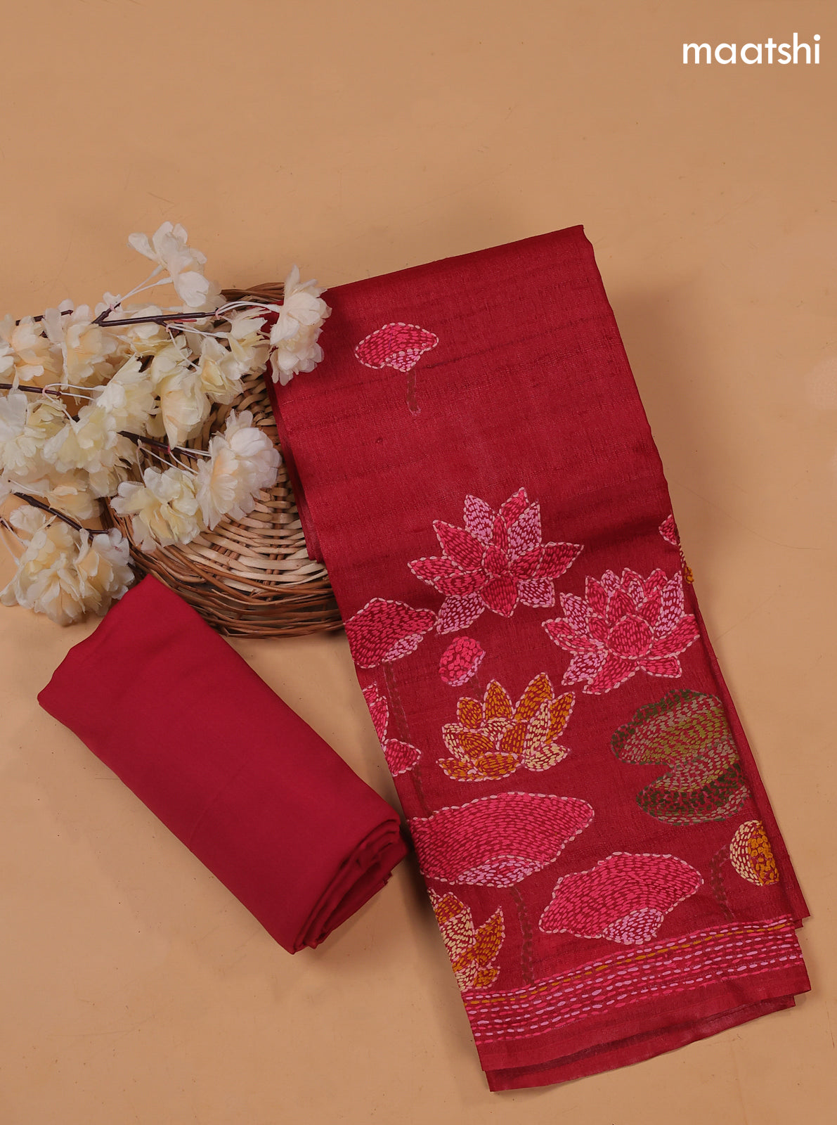Red Pure Tussar Dress Material With Floral Embroidery Work Buttas