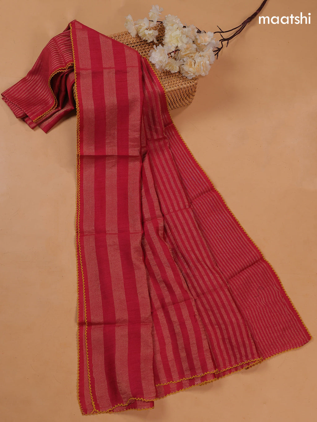 Red Pure Tussar Dress Material With Floral Embroidery Work Buttas