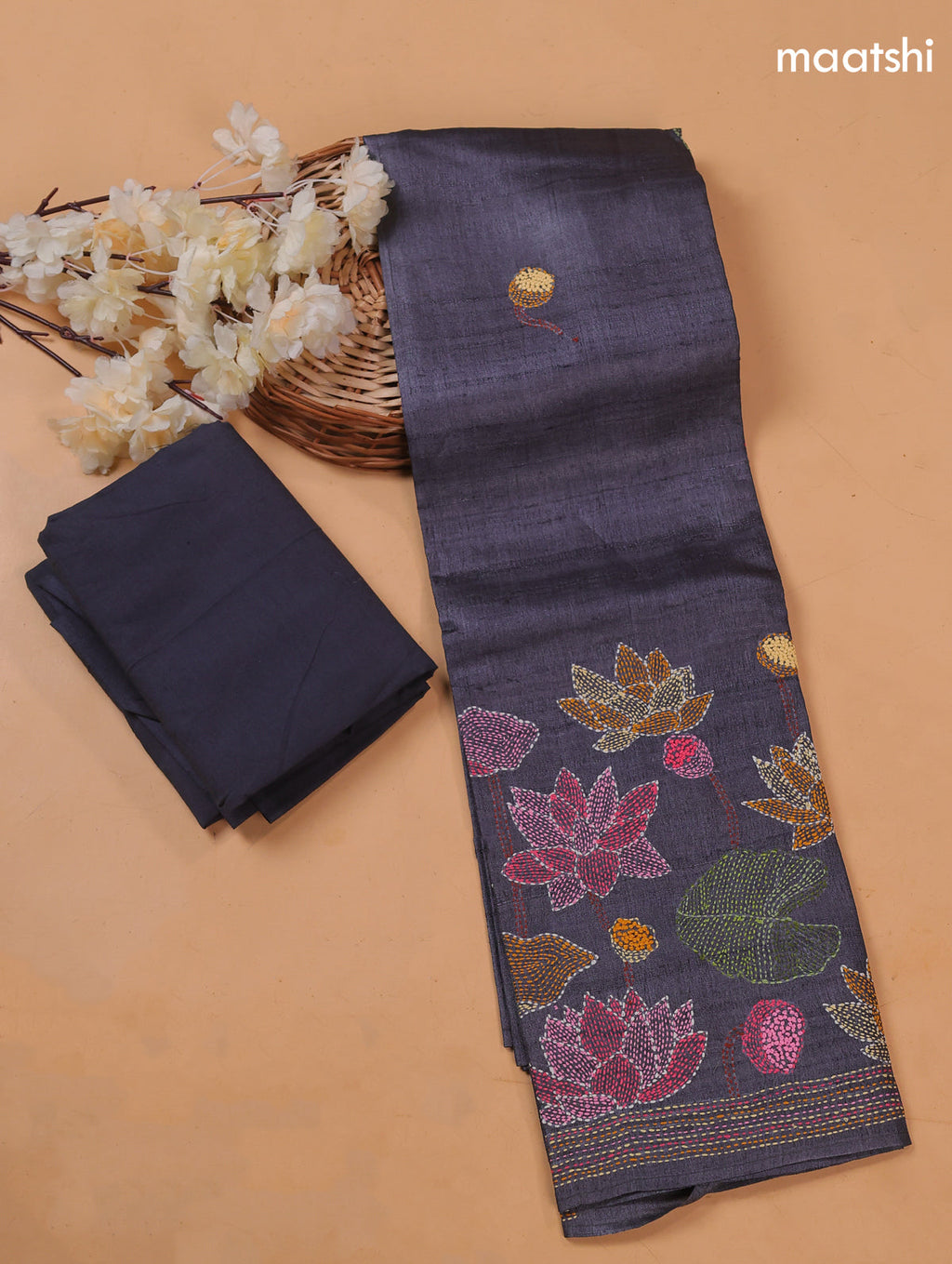 Grey Pure Tussar Dress Material With Floral Embroidery Work Buttas