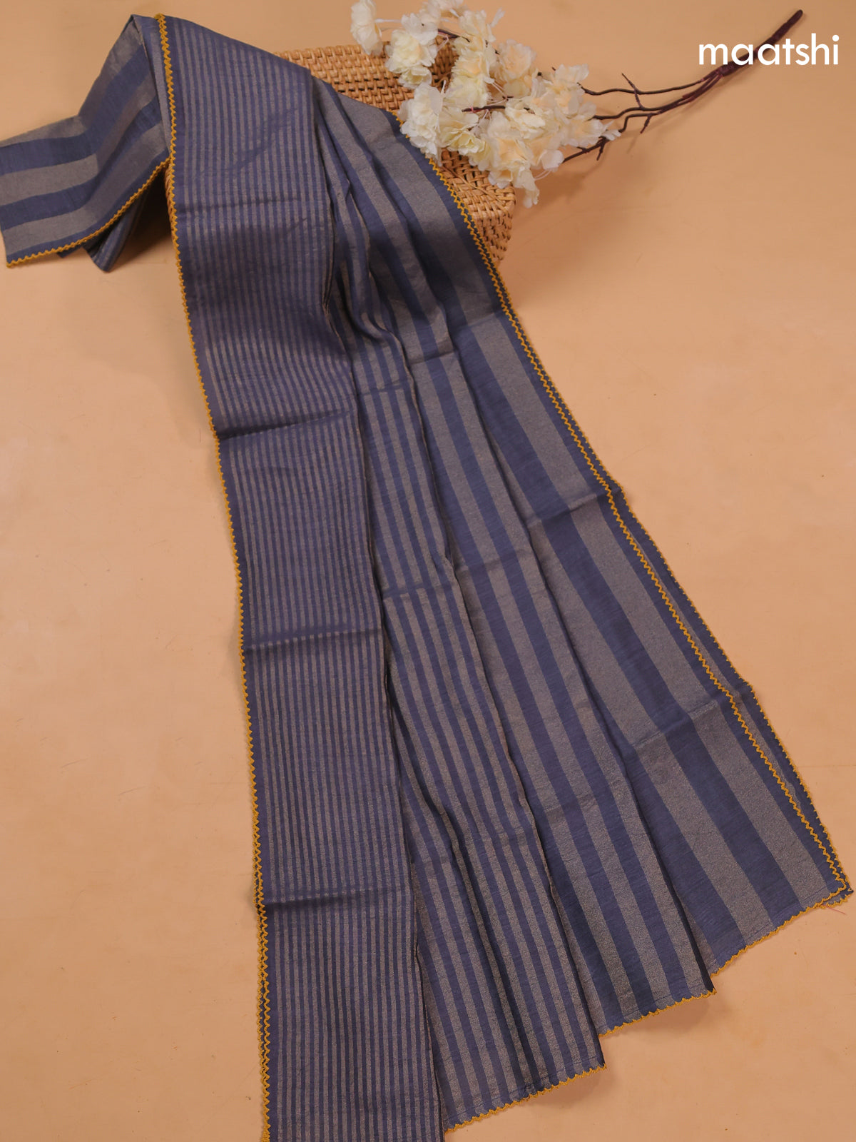 Grey Pure Tussar Dress Material With Floral Embroidery Work Buttas