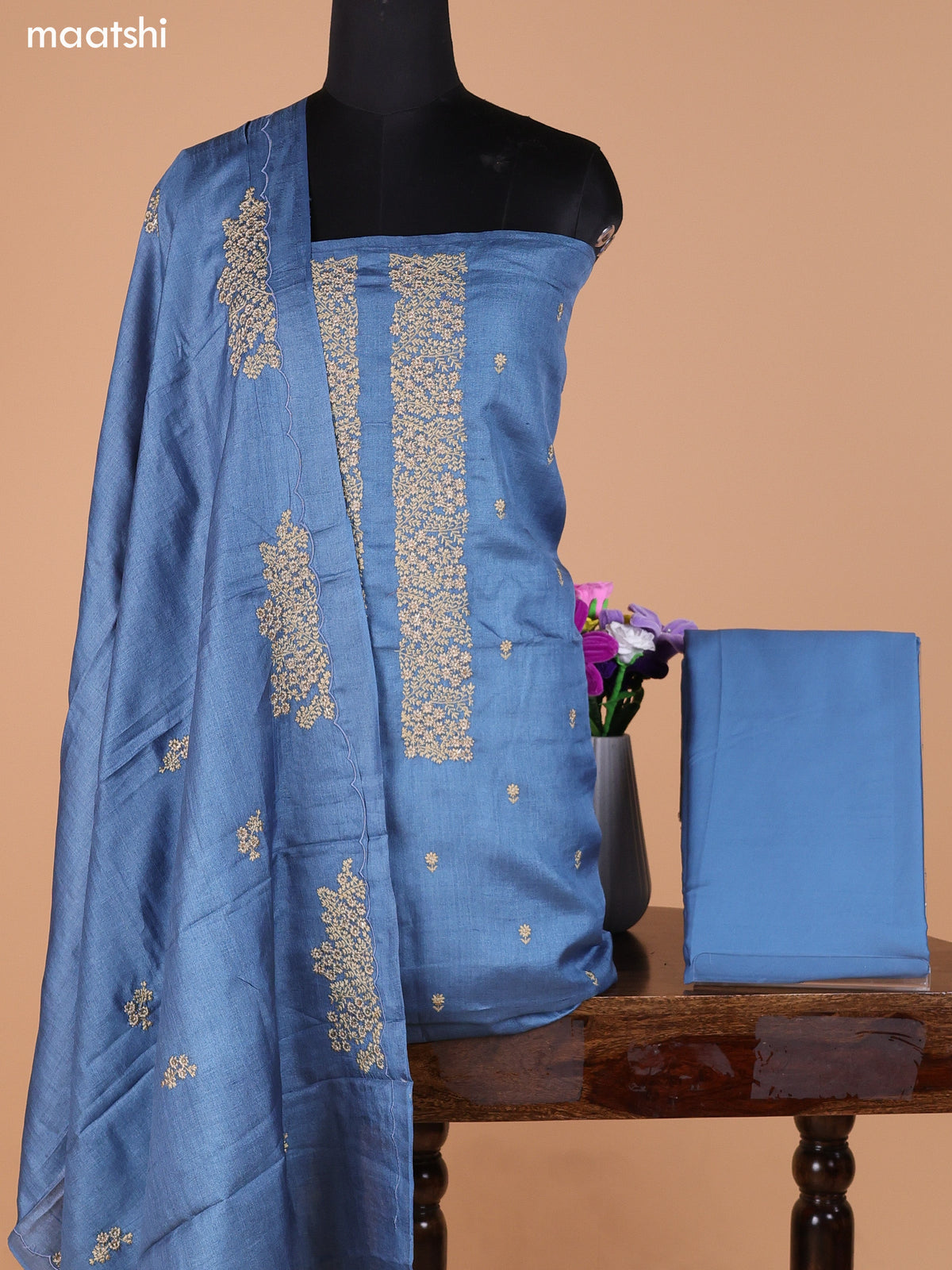 Blue Pure Tussar Dress Material With Embroidery Work Buttas and Bottom & Dupatta