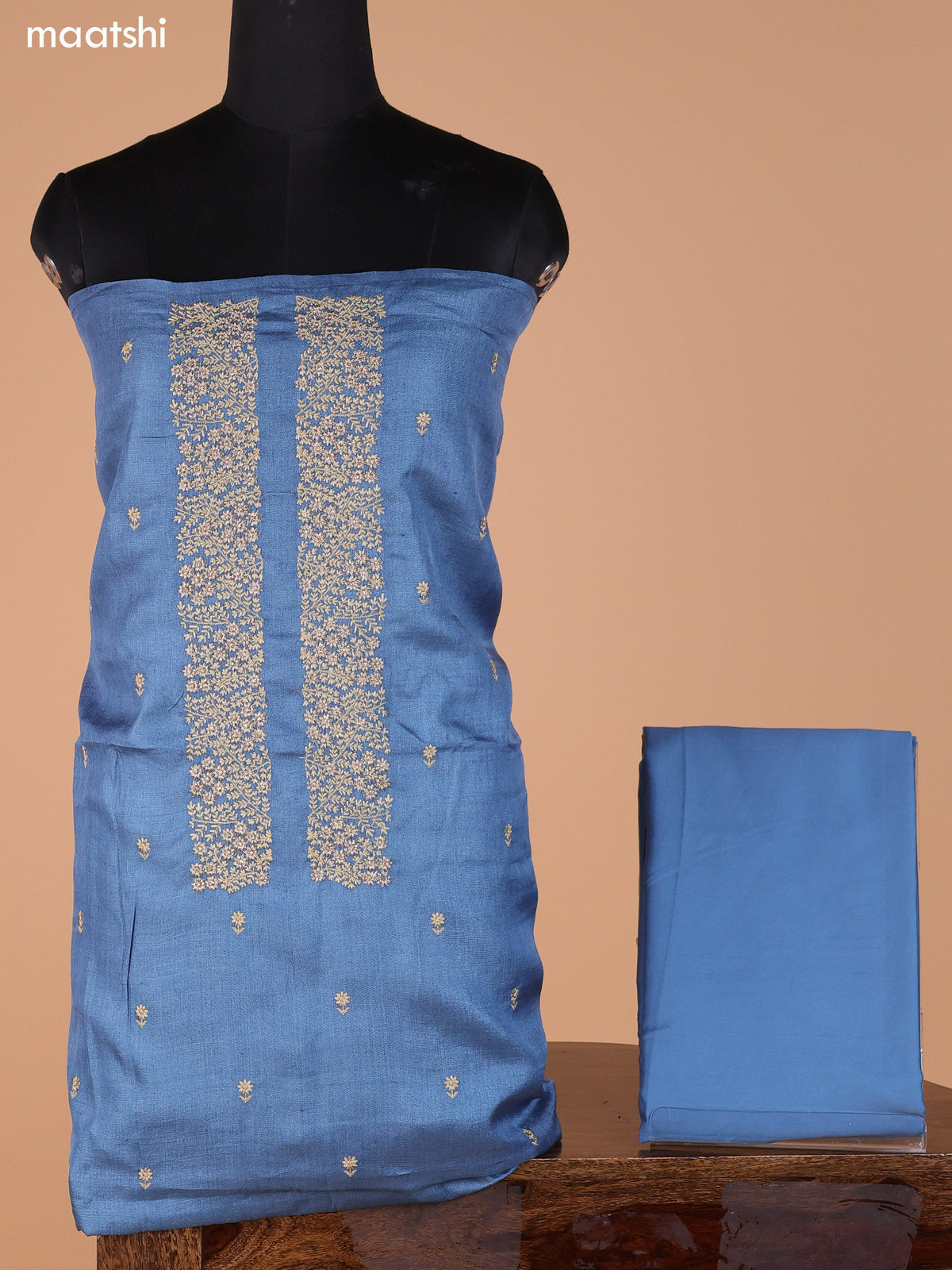 Blue Pure Tussar Dress Material With Embroidery Work Buttas and Bottom & Dupatta