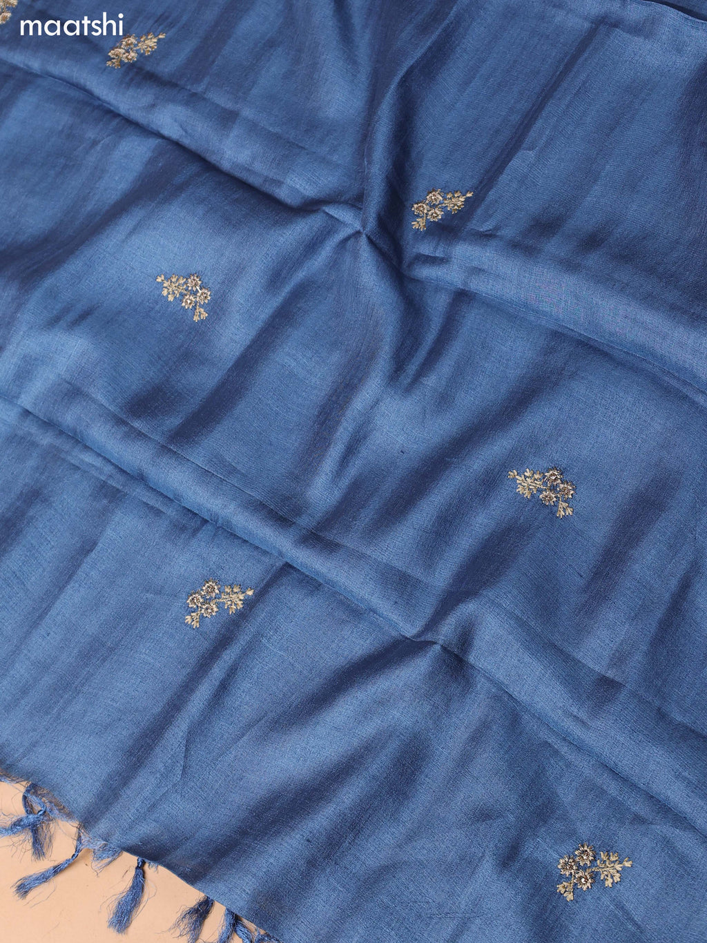 Blue Pure Tussar Dress Material With Embroidery Work Buttas and Bottom & Dupatta