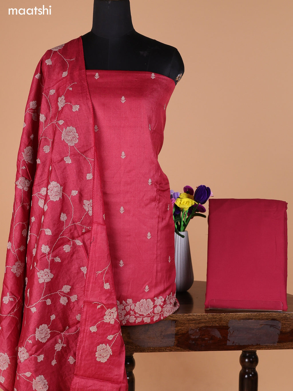 Red Pure Tussar Dress Material With Embroidery Work Buttas and Bottom & Dupatta