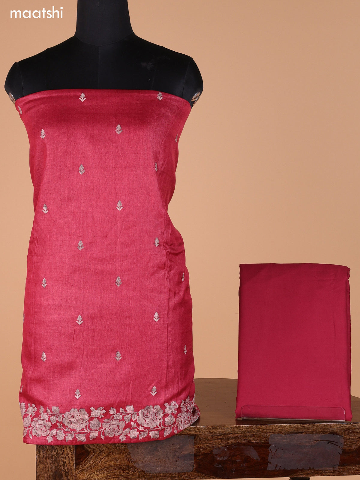Red Pure Tussar Dress Material With Embroidery Work Buttas and Bottom & Dupatta