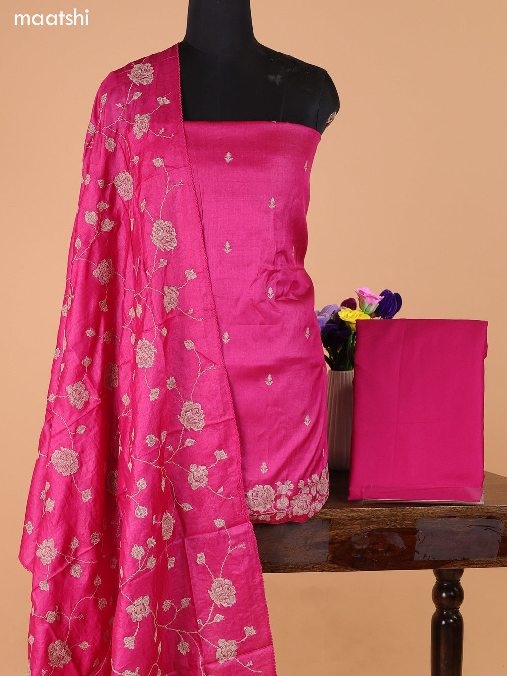 Magenta Pink Pure Tussar Dress Material With Embroidery Work Buttas and Bottom & Dupatta