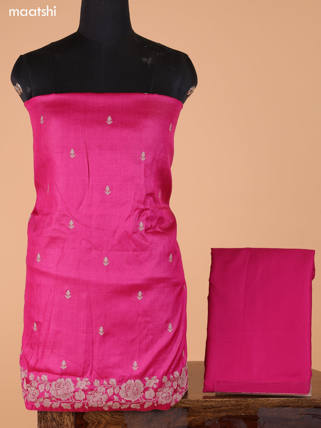 Magenta Pink Pure Tussar Dress Material With Embroidery Work Buttas and Bottom & Dupatta
