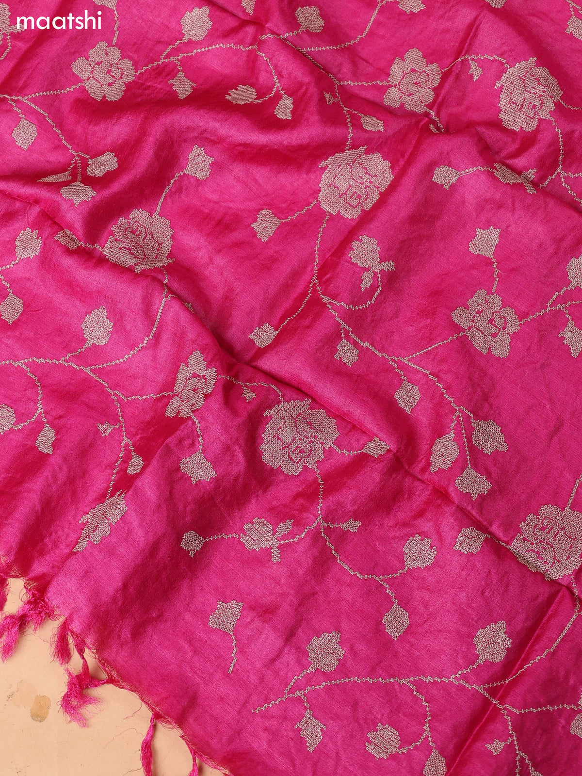 Magenta Pink Pure Tussar Dress Material With Embroidery Work Buttas and Bottom & Dupatta
