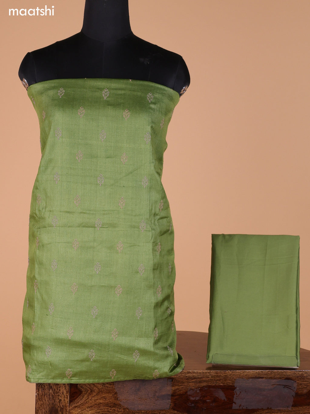 Green Pure Tussar Dress Material With Embroidery Work Buttas and Bottom & Dupatta