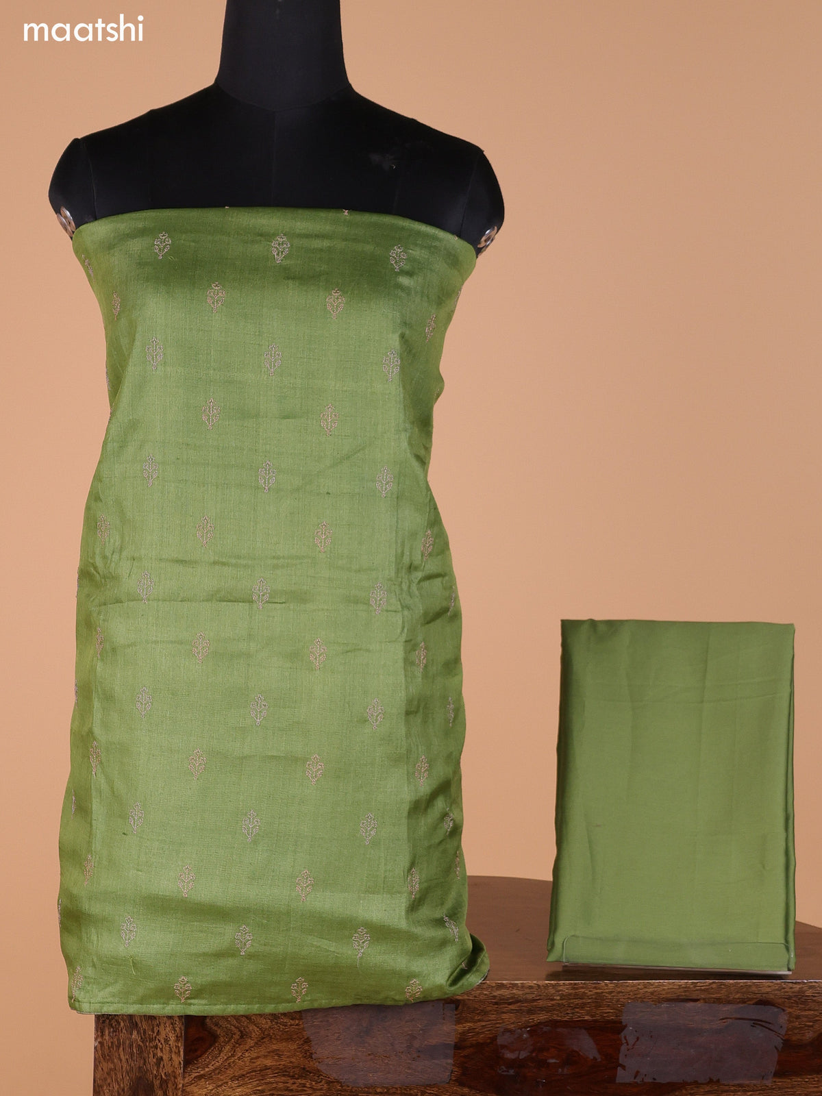 Green Pure Tussar Dress Material With Embroidery Work Buttas and Bottom & Dupatta