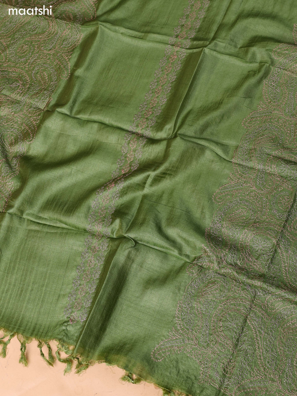 Green Pure Tussar Dress Material With Embroidery Work Buttas and Bottom & Dupatta