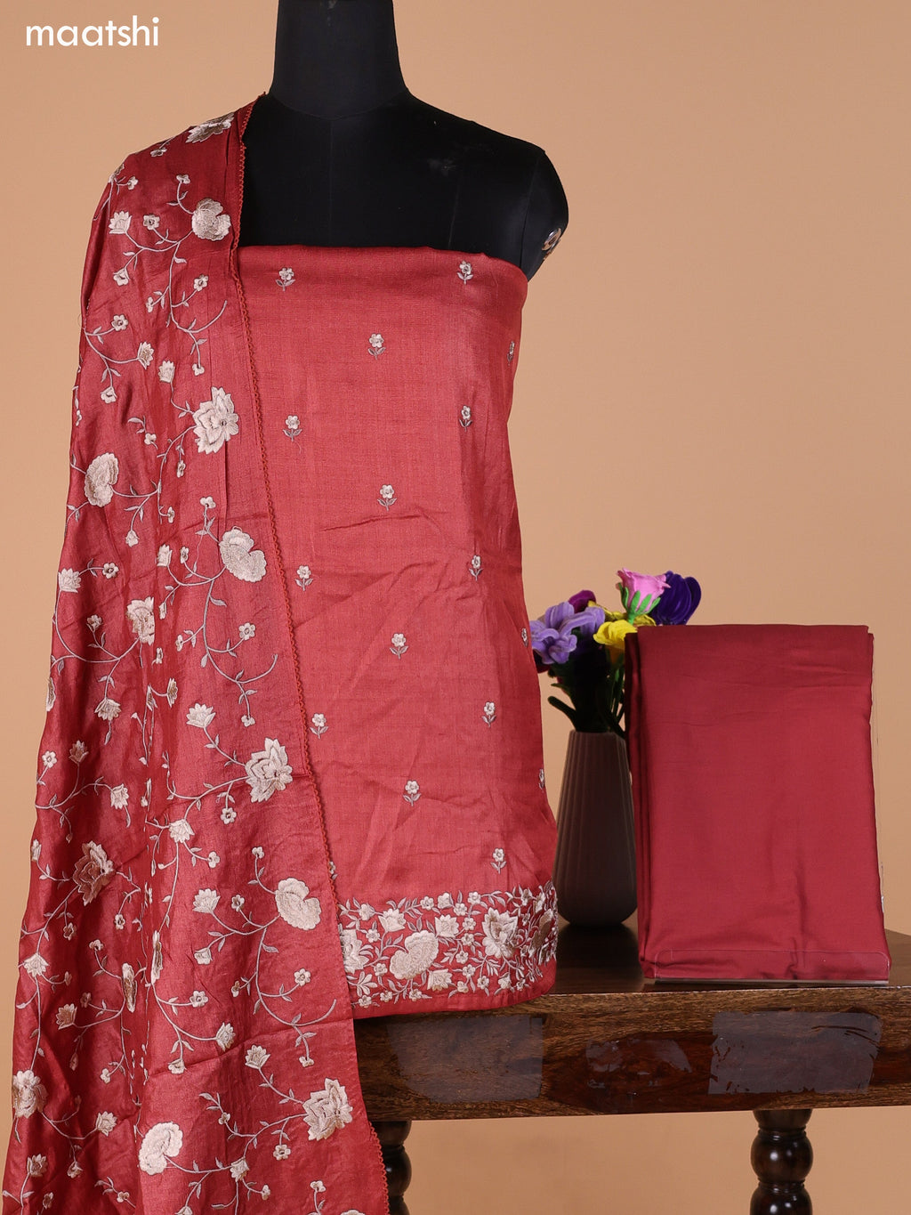 Rustic Maroon Pure Tussar Dress Material With Embroidery Work Buttas and Bottom & Dupatta