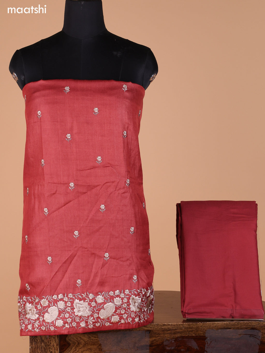 Rustic Maroon Pure Tussar Dress Material With Embroidery Work Buttas and Bottom & Dupatta