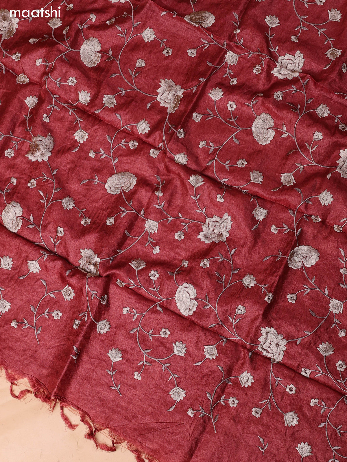 Rustic Maroon Pure Tussar Dress Material With Embroidery Work Buttas and Bottom & Dupatta