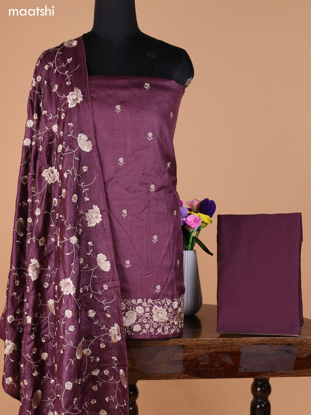 Wine Pure Tussar Dress Material With Embroidery Work Buttas and Bottom & Dupatta
