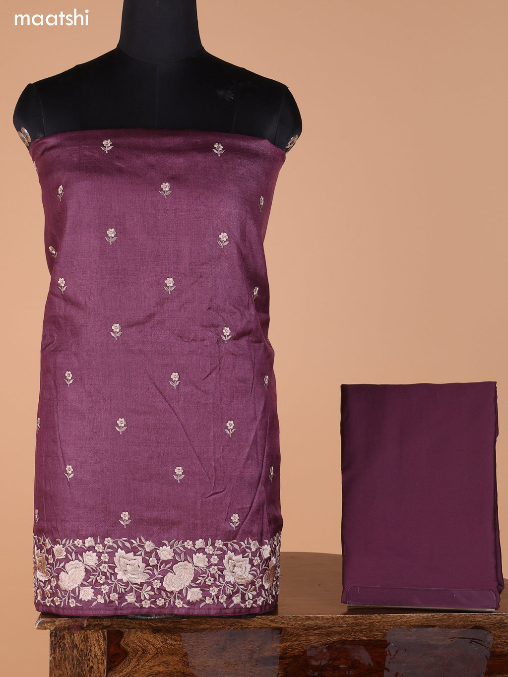 Wine Pure Tussar Dress Material With Embroidery Work Buttas and Bottom & Dupatta