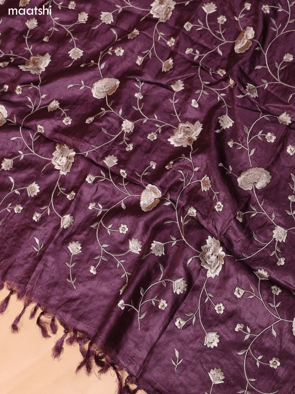 Wine Pure Tussar Dress Material With Embroidery Work Buttas and Bottom & Dupatta