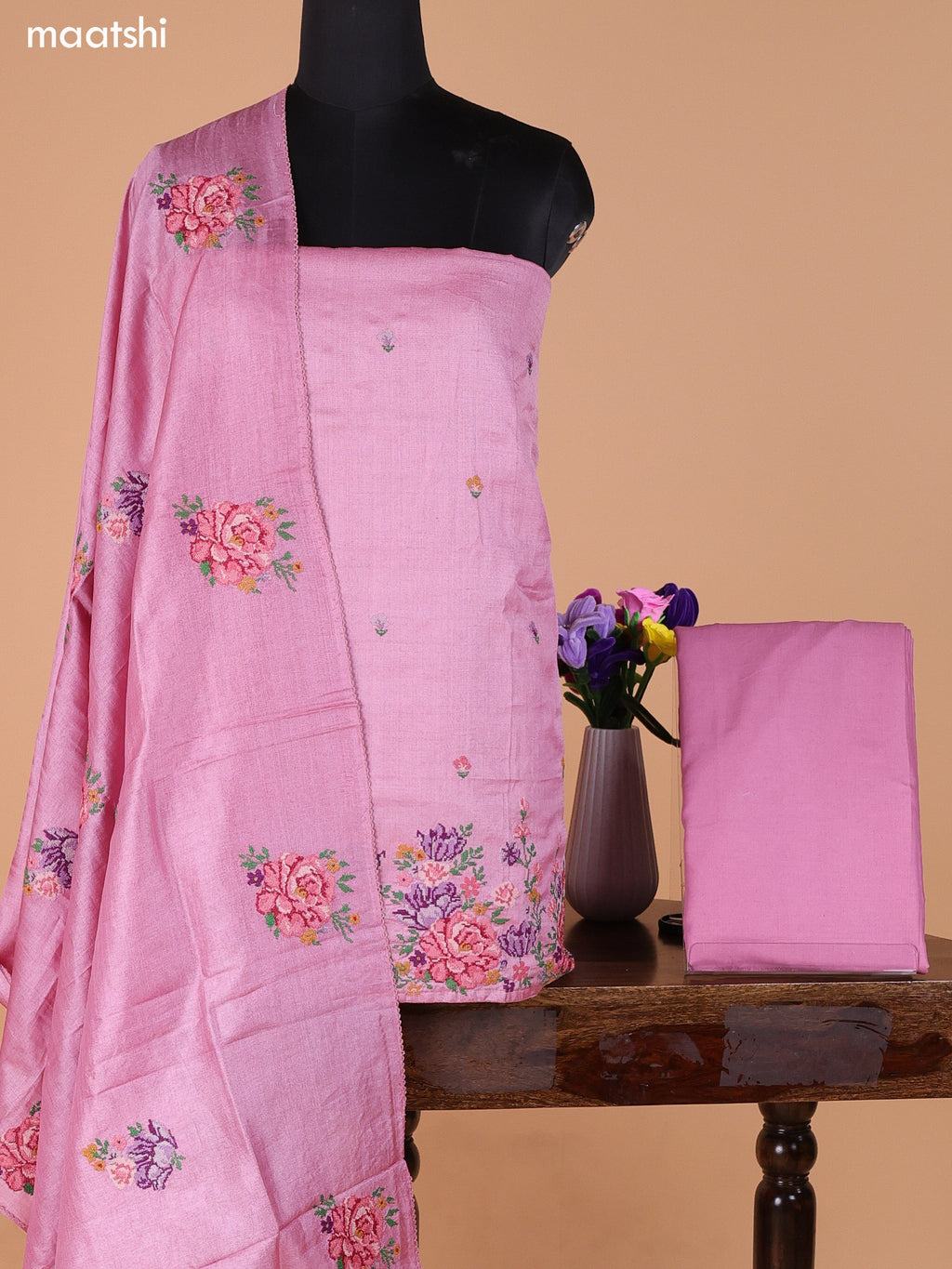 Mauve Pink Pure Tussar Dress Material With Embroidery Work Buttas and Bottom & Dupatta