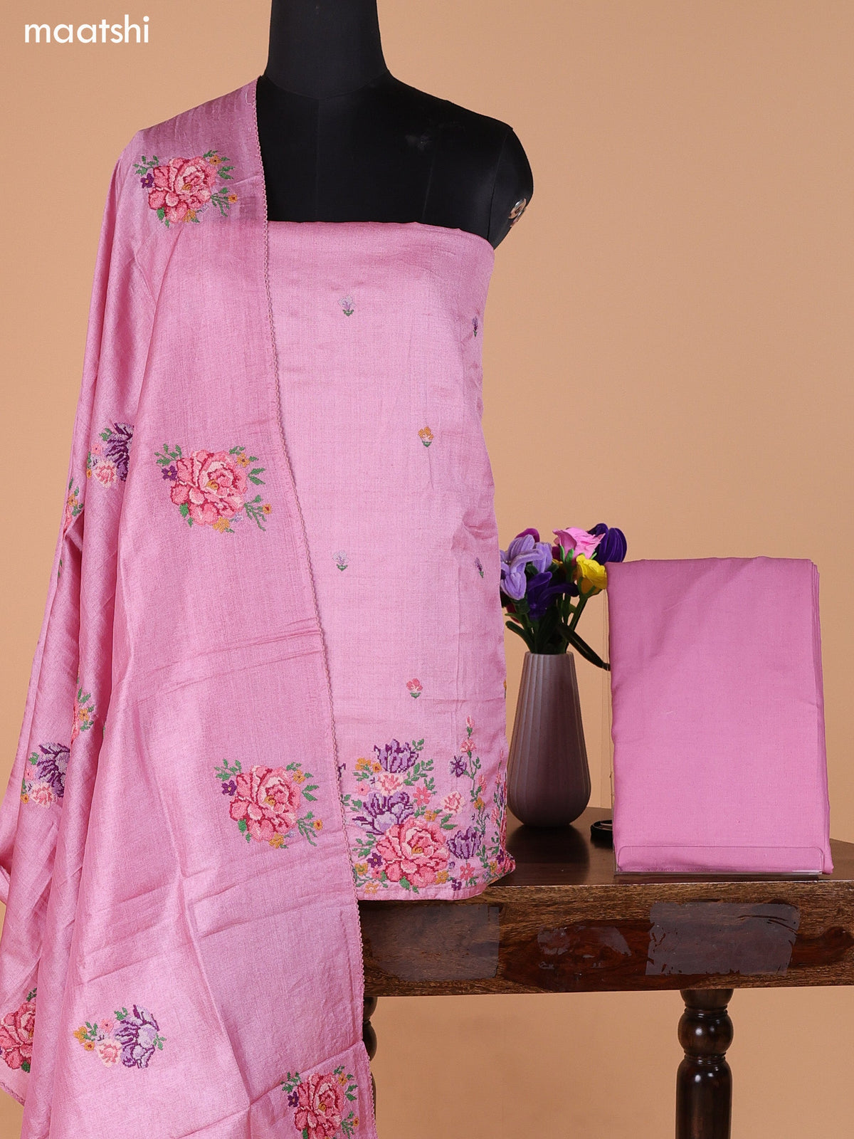 Mauve Pink Pure Tussar Dress Material With Embroidery Work Buttas and Bottom & Dupatta