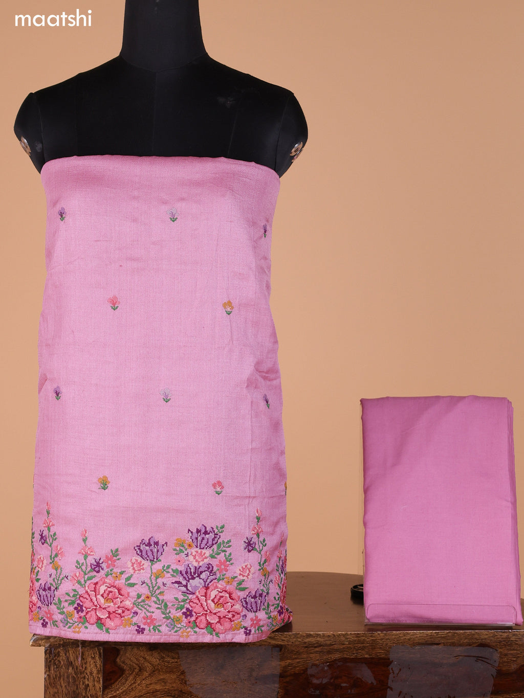 Mauve Pink Pure Tussar Dress Material With Embroidery Work Buttas and Bottom & Dupatta