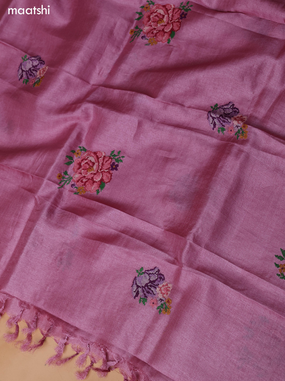 Mauve Pink Pure Tussar Dress Material With Embroidery Work Buttas and Bottom & Dupatta