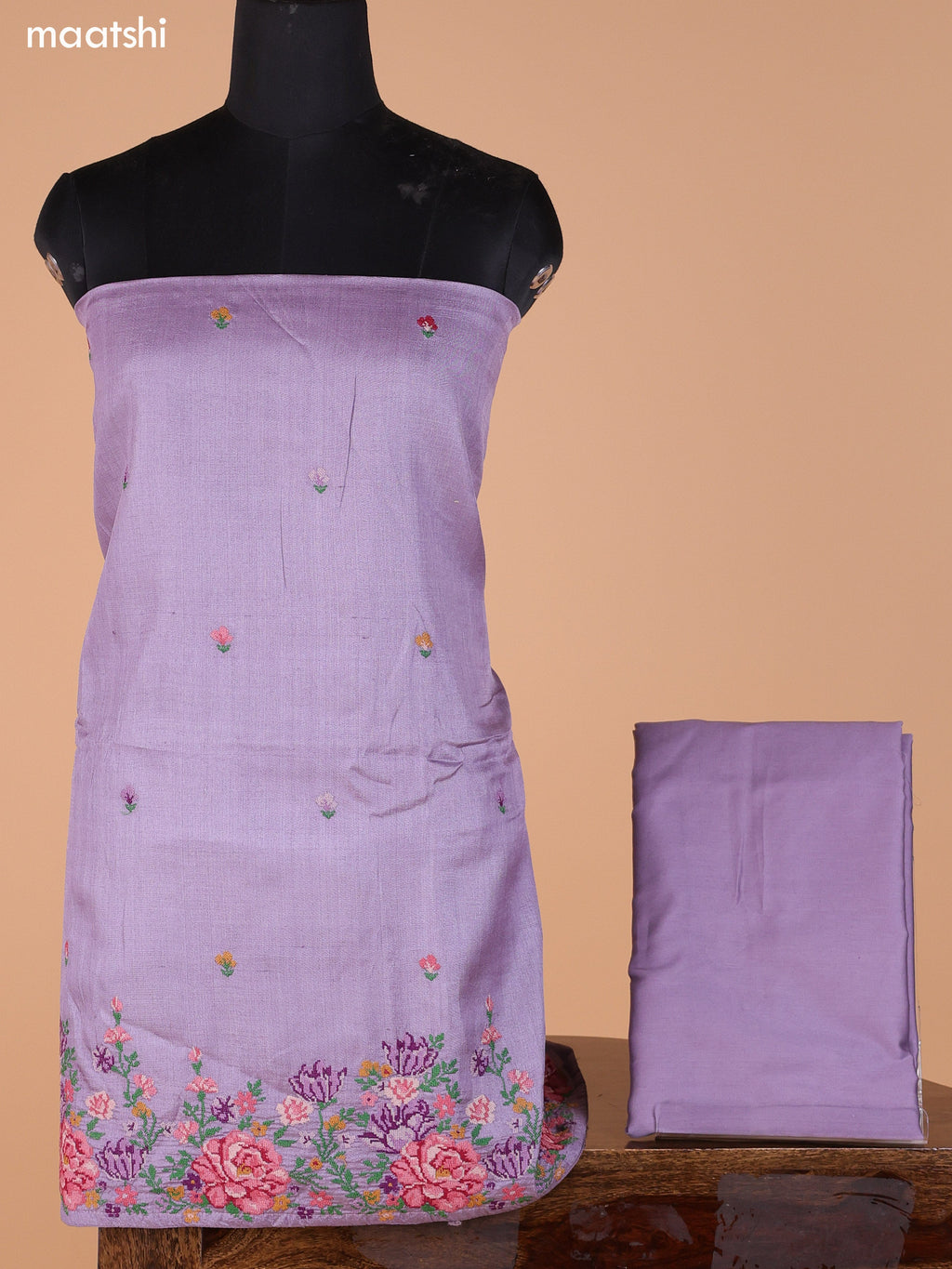 Lavender Pure Tussar Dress Material With Embroidery Work Buttas and Bottom & Dupatta