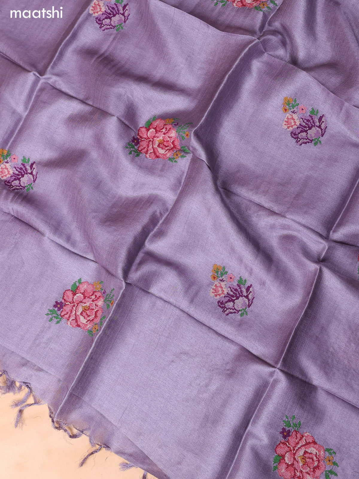 Lavender Pure Tussar Dress Material With Embroidery Work Buttas and Bottom & Dupatta