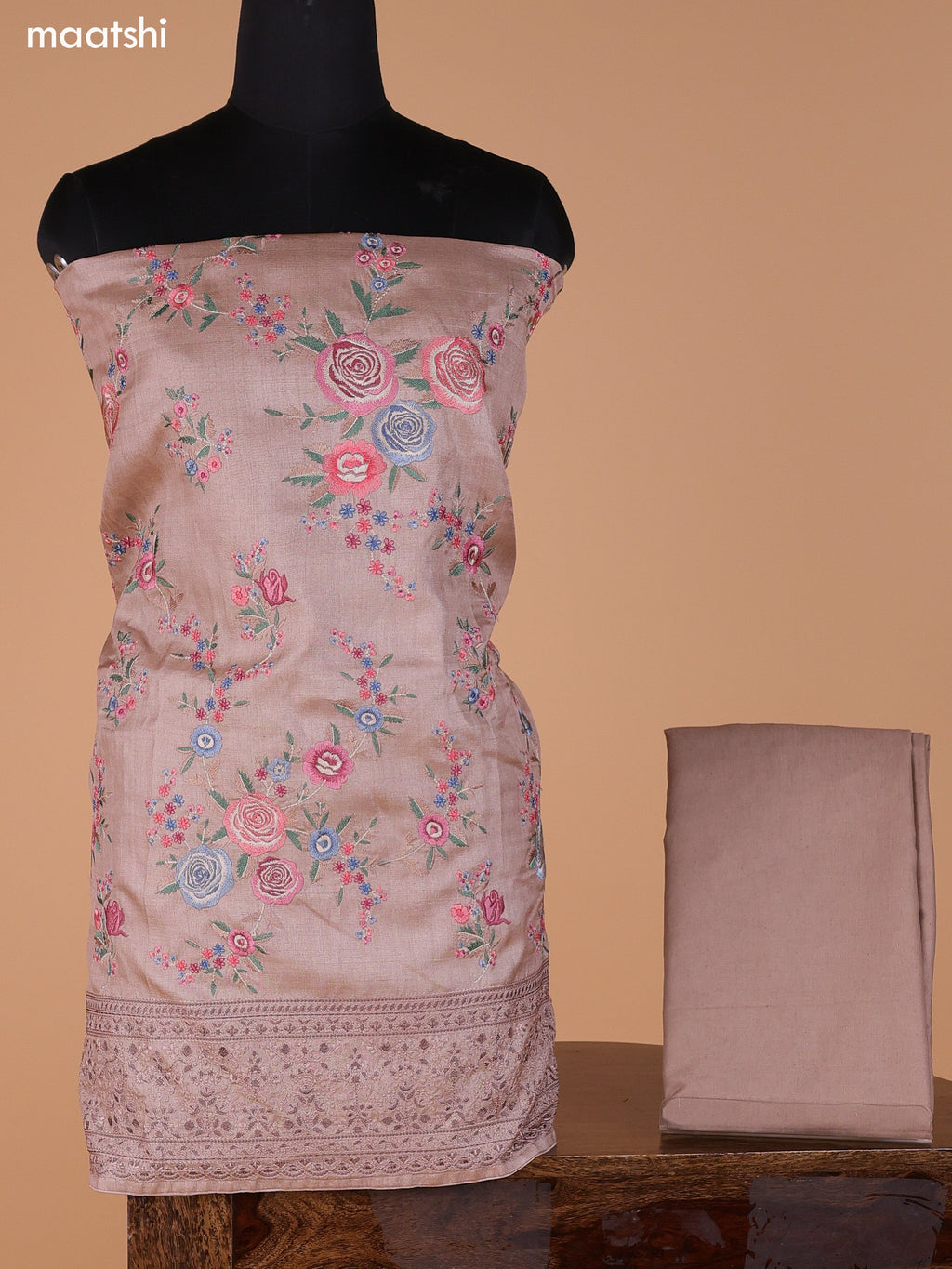 Pastel Brown Pure Tussar Dress Material With Floral Embroidery Work Pattern and Bottom & Dupatta