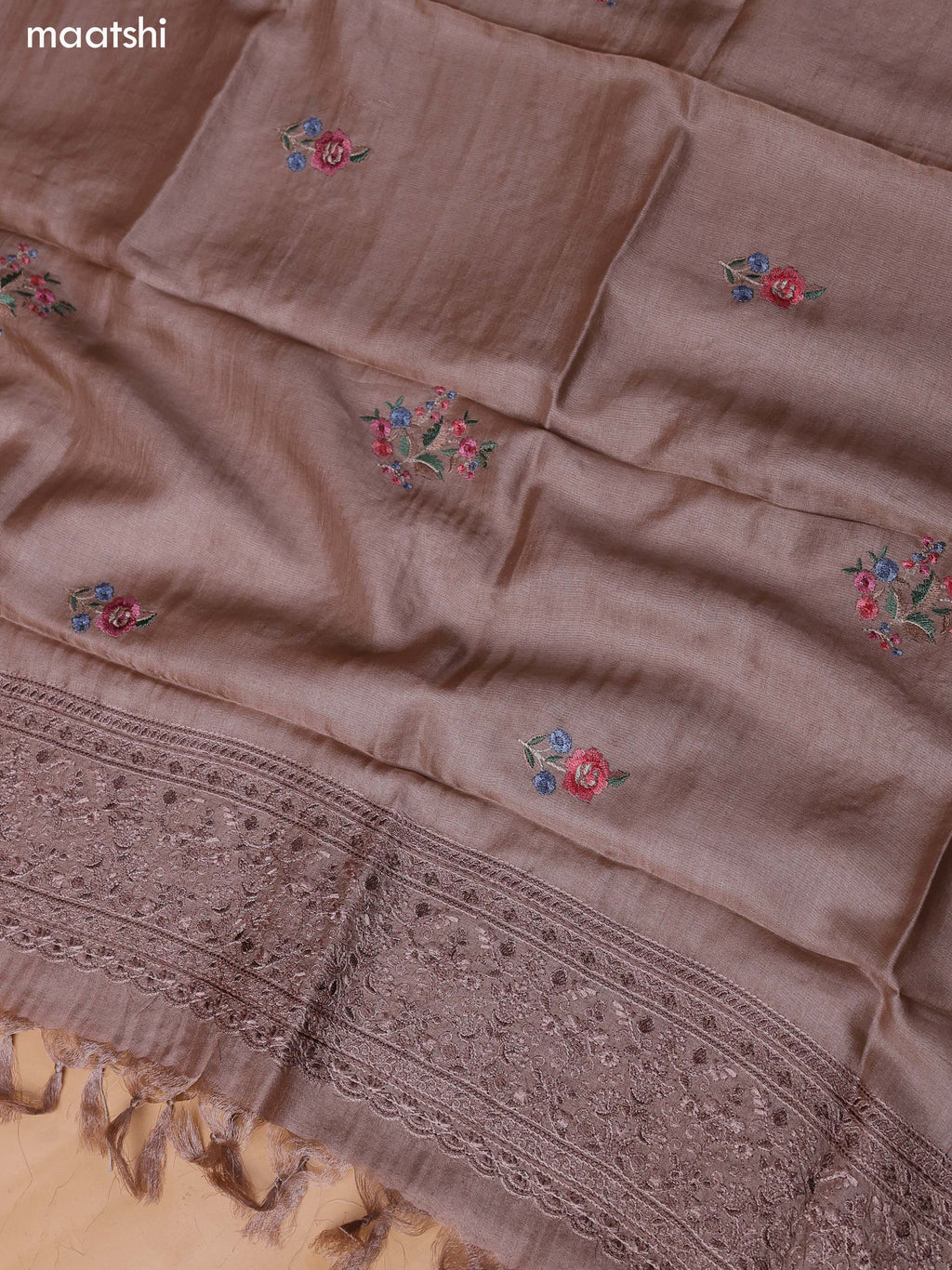 Pastel Brown Pure Tussar Dress Material With Floral Embroidery Work Pattern and Bottom & Dupatta