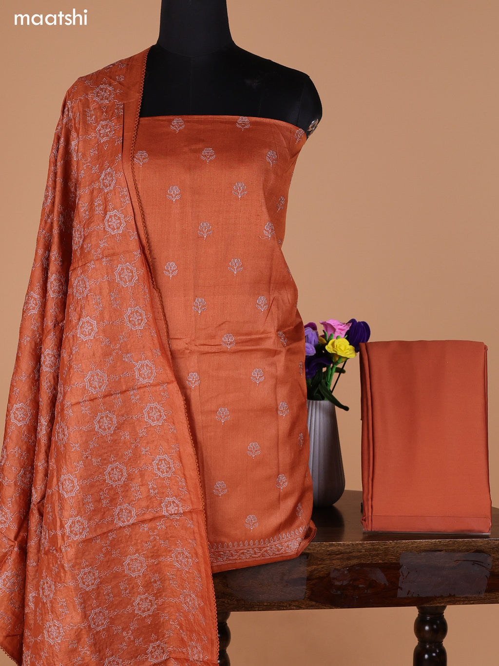 Rust Orange Pure Tussar Dress Material With Embroidery Work Buttas and Bottom & Dupatta