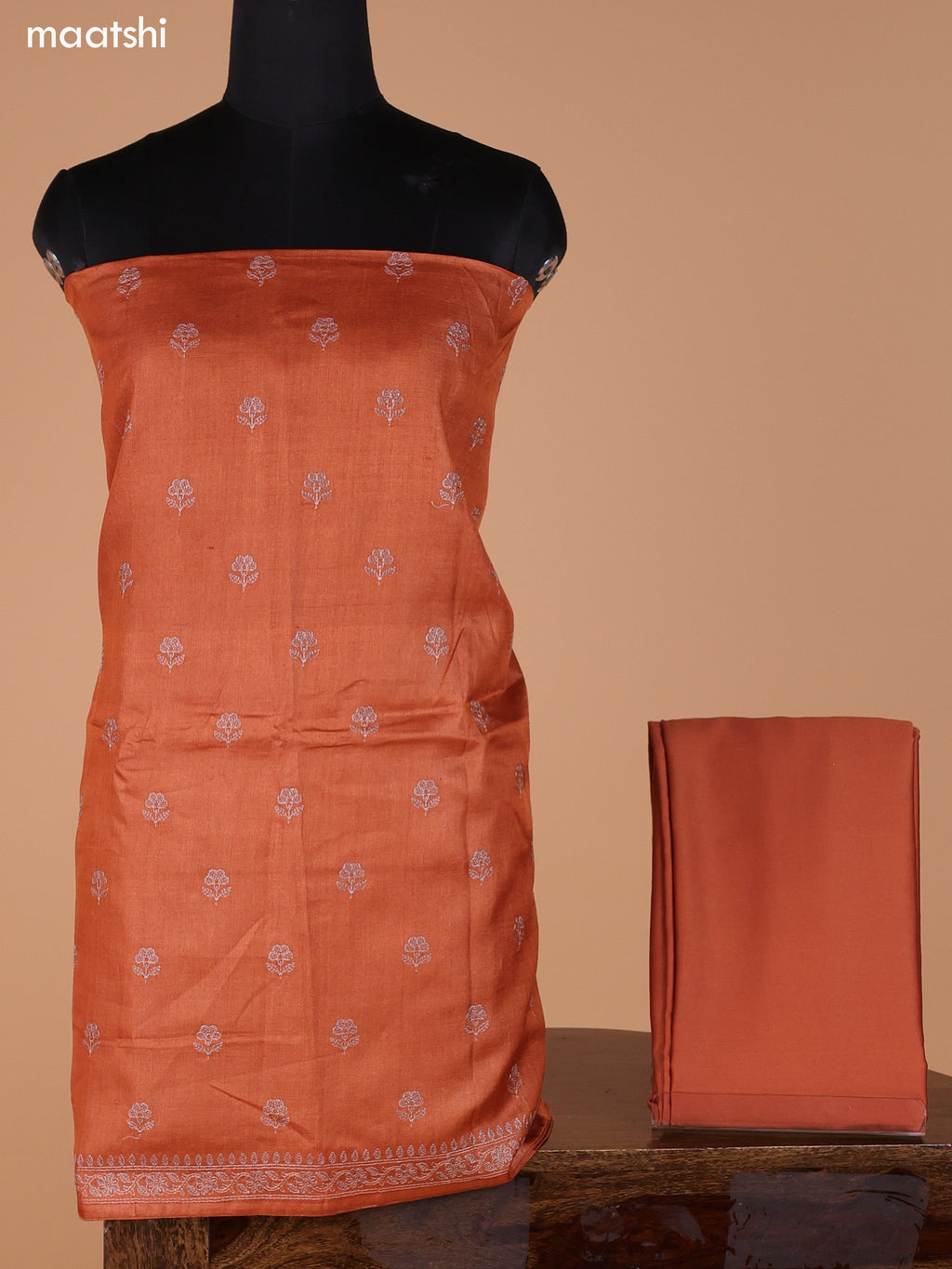 Rust Orange Pure Tussar Dress Material With Embroidery Work Buttas and Bottom & Dupatta