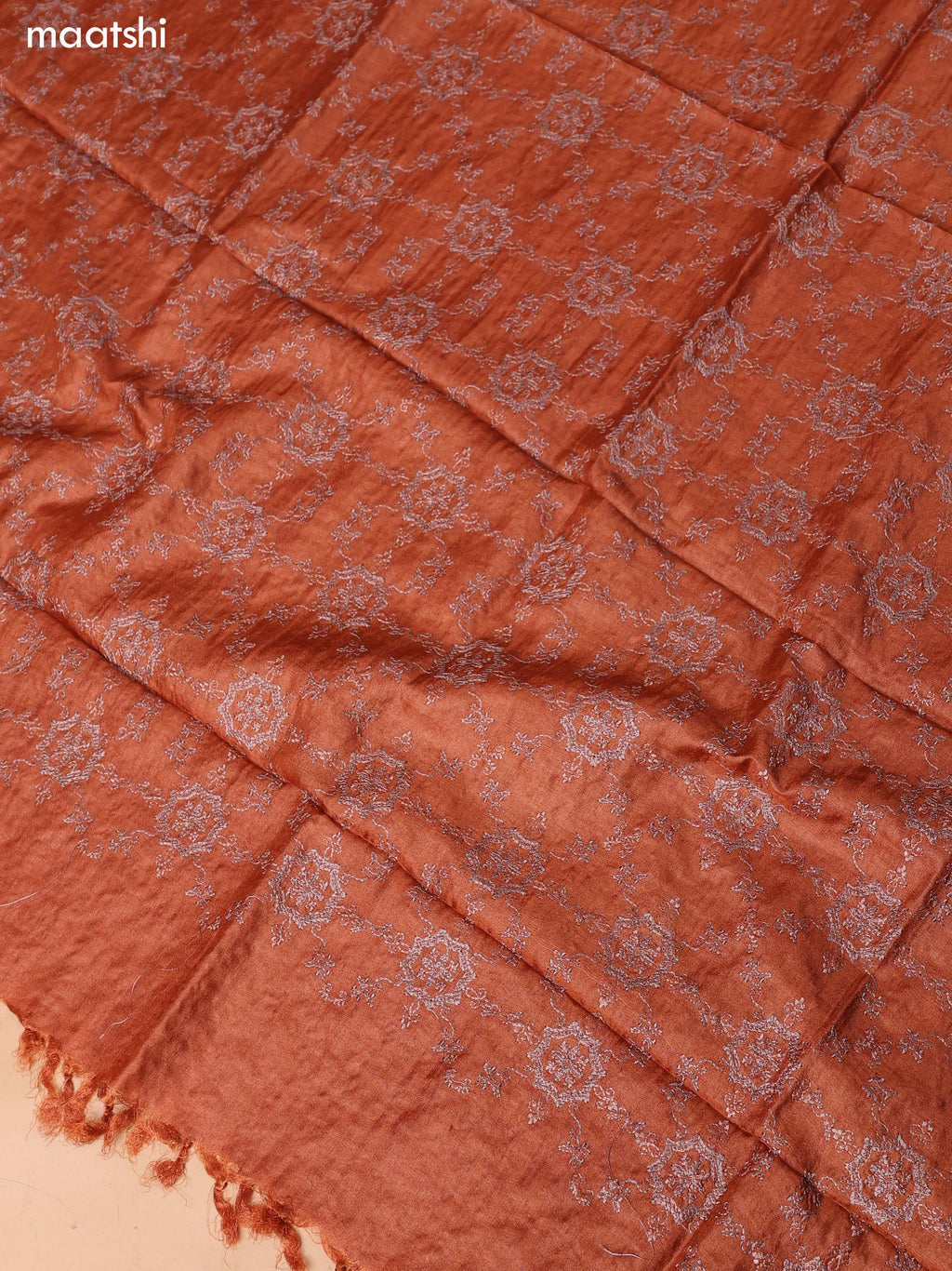 Rust Orange Pure Tussar Dress Material With Embroidery Work Buttas and Bottom & Dupatta