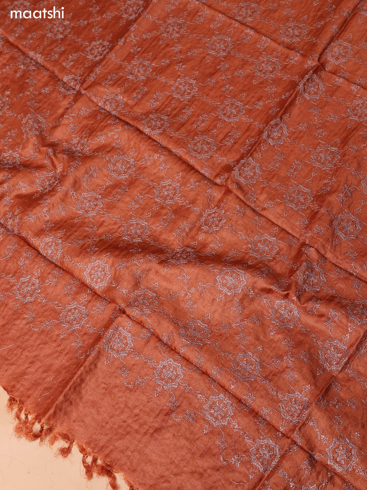 Rust Orange Pure Tussar Dress Material With Embroidery Work Buttas and Bottom & Dupatta