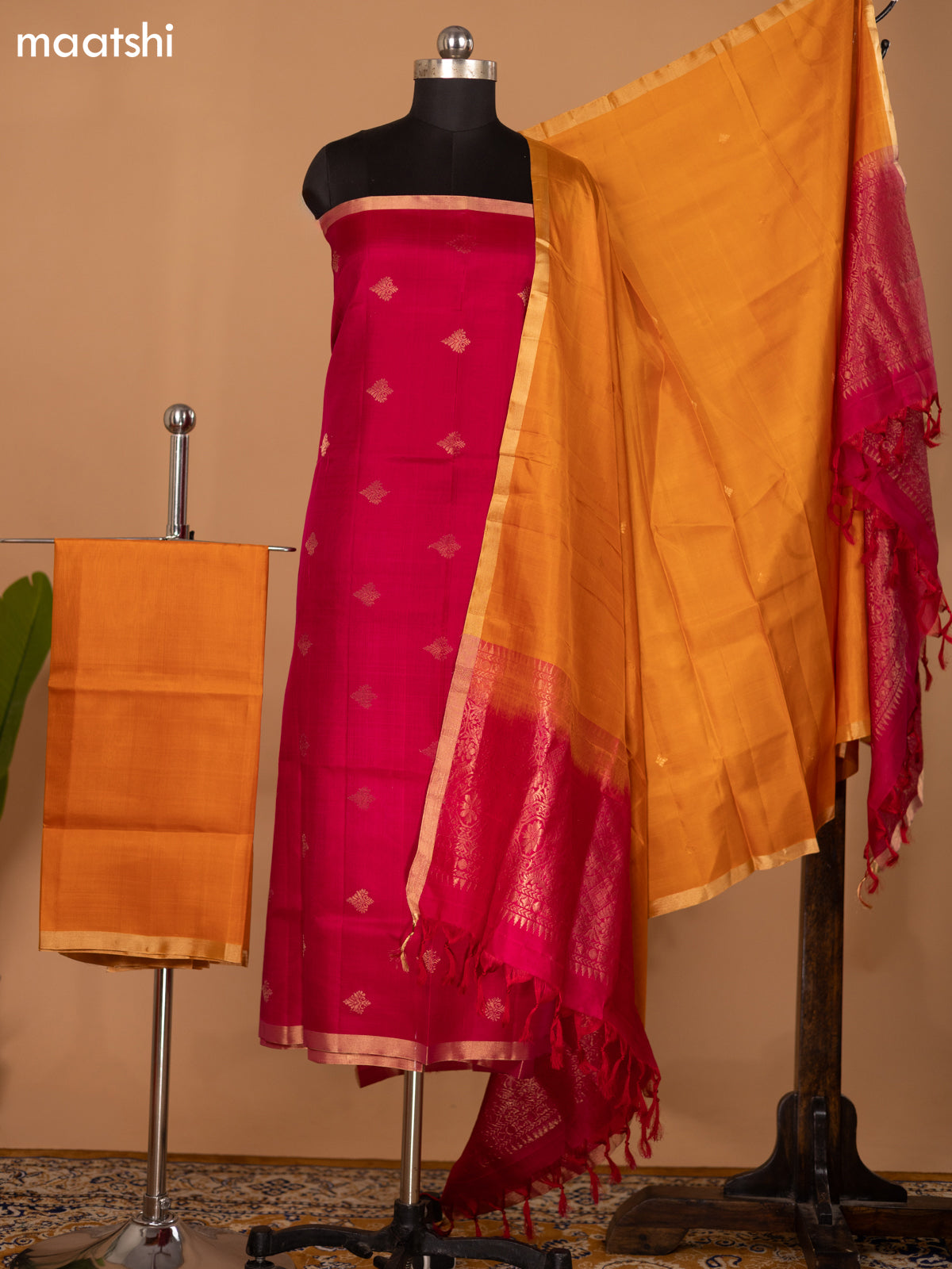 Pink and Orange Pure Silk Dress Material With Zari Buttas