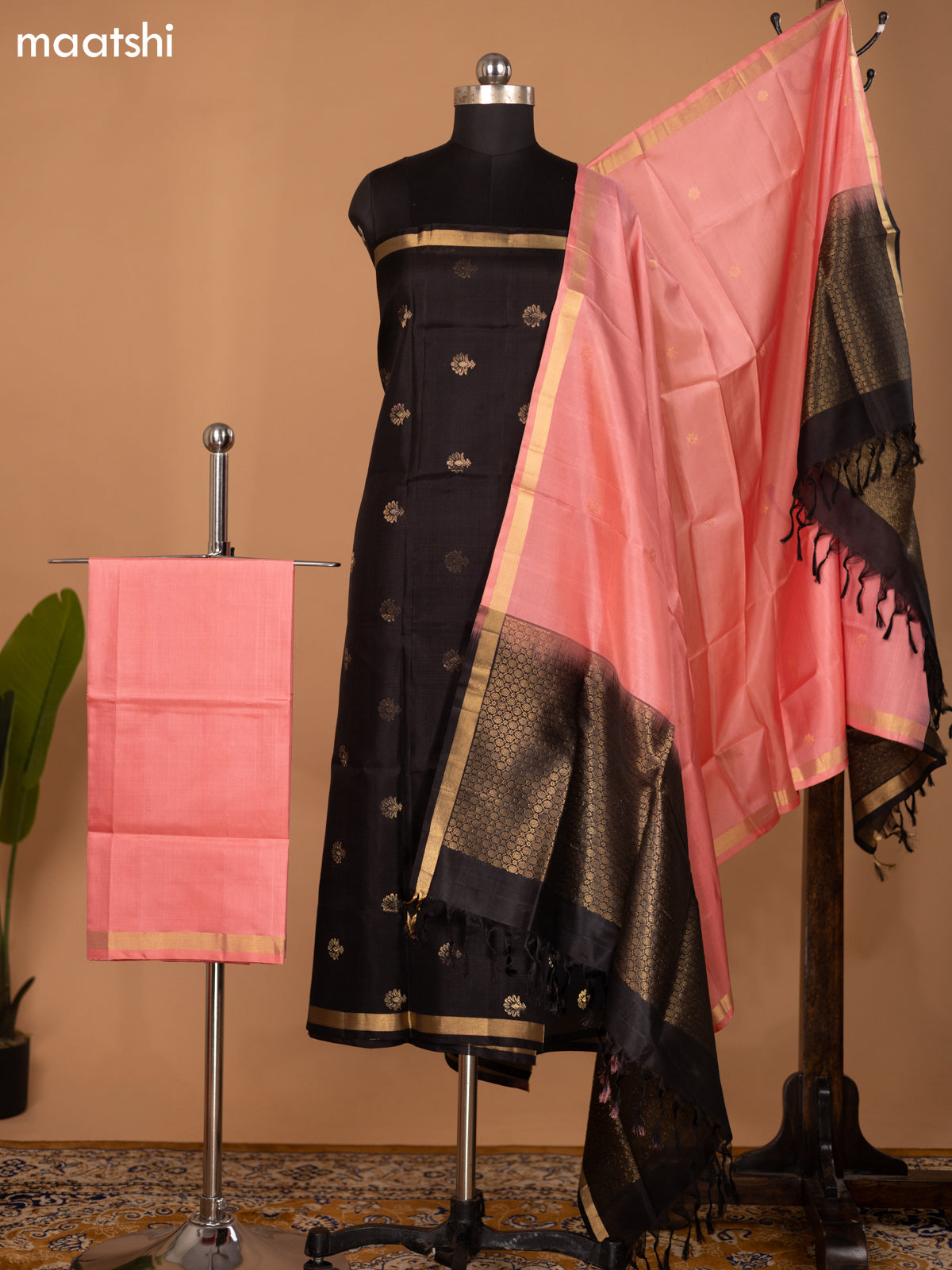 Black and Peach Pink Pure Silk Dress Material With Zari Buttas