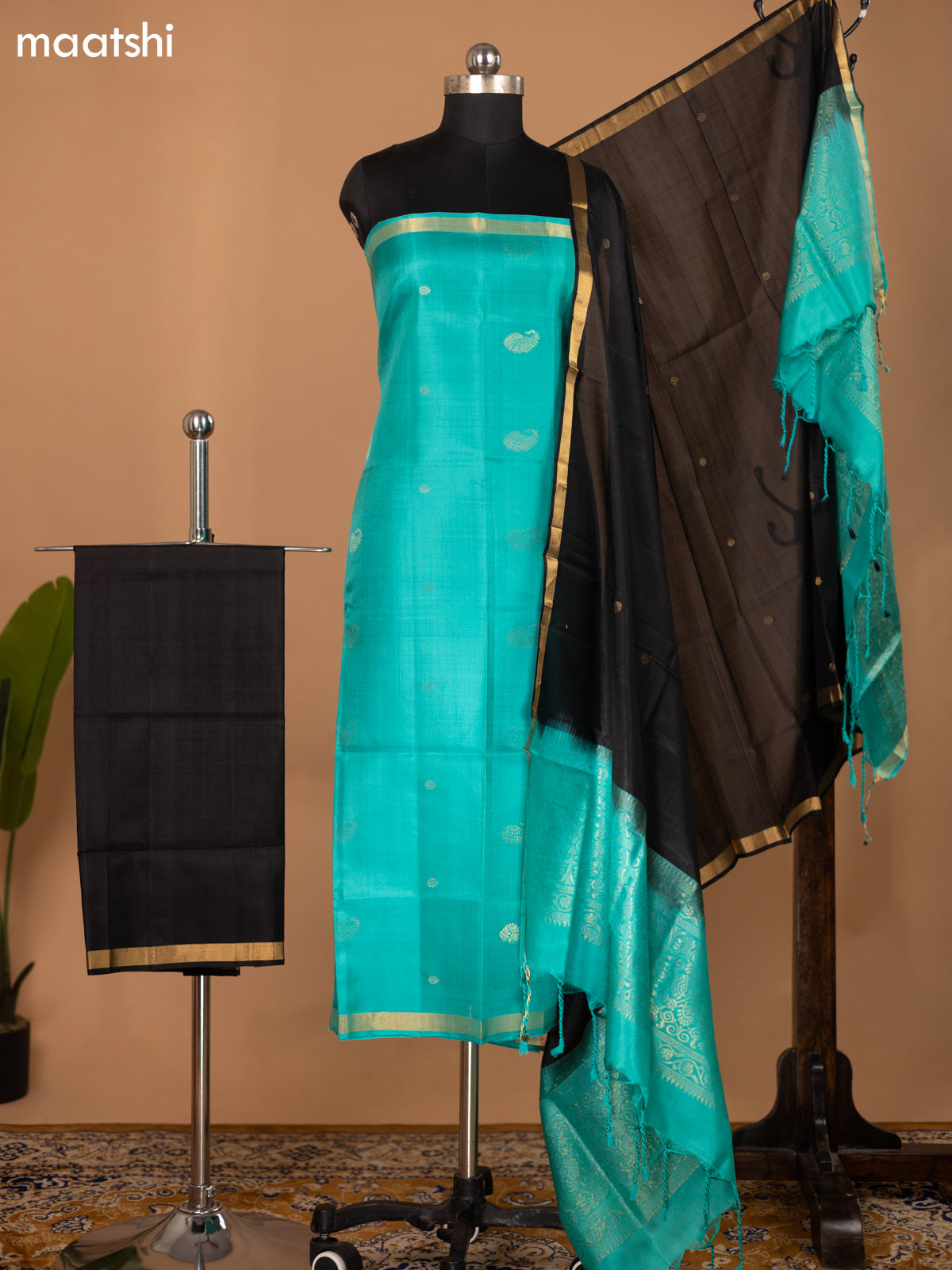 Teal Green and Black Pure Silk Dress Material With Zari Buttas